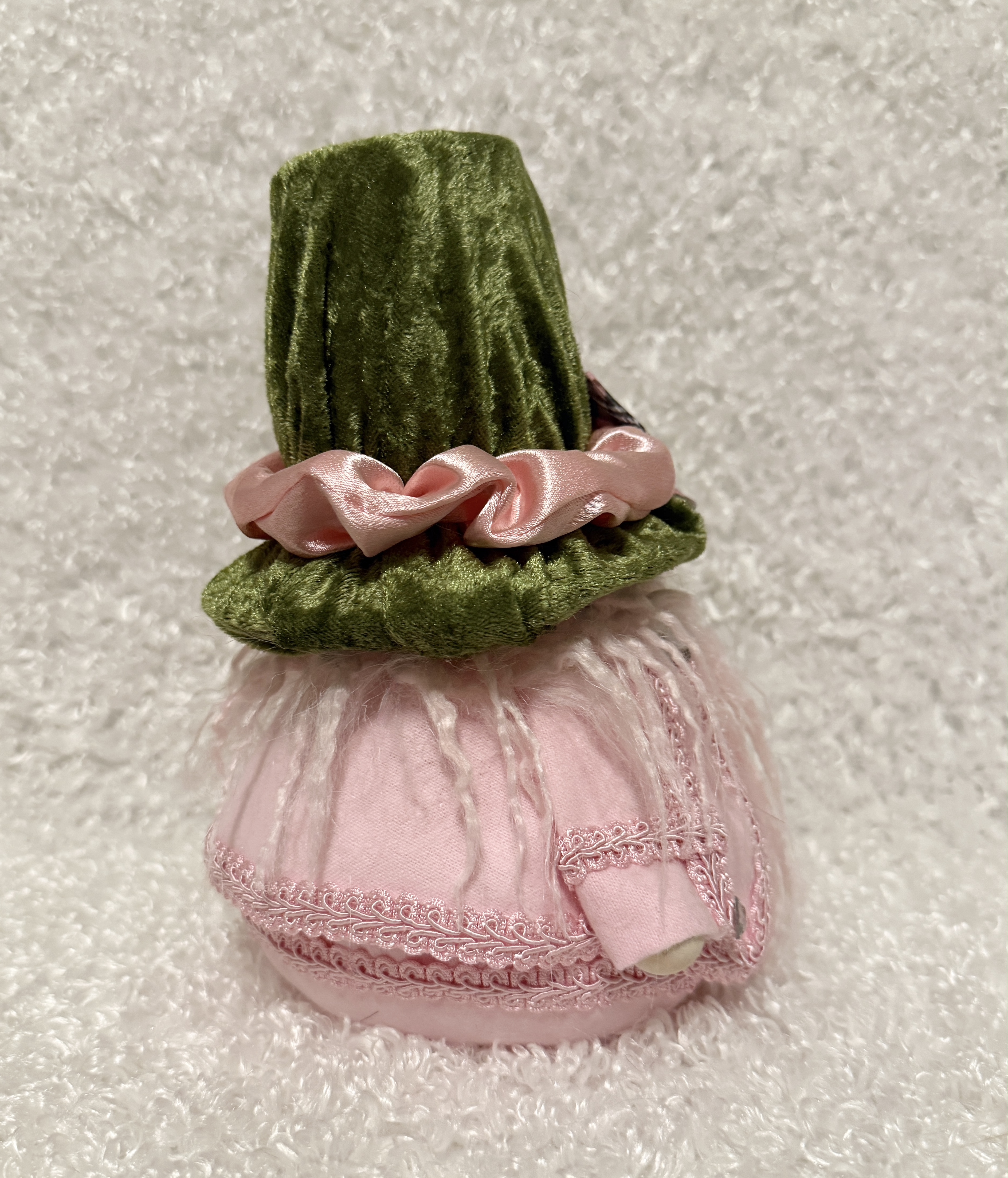 Gnome with Green Velvet Hat and Pink Plaid Bow