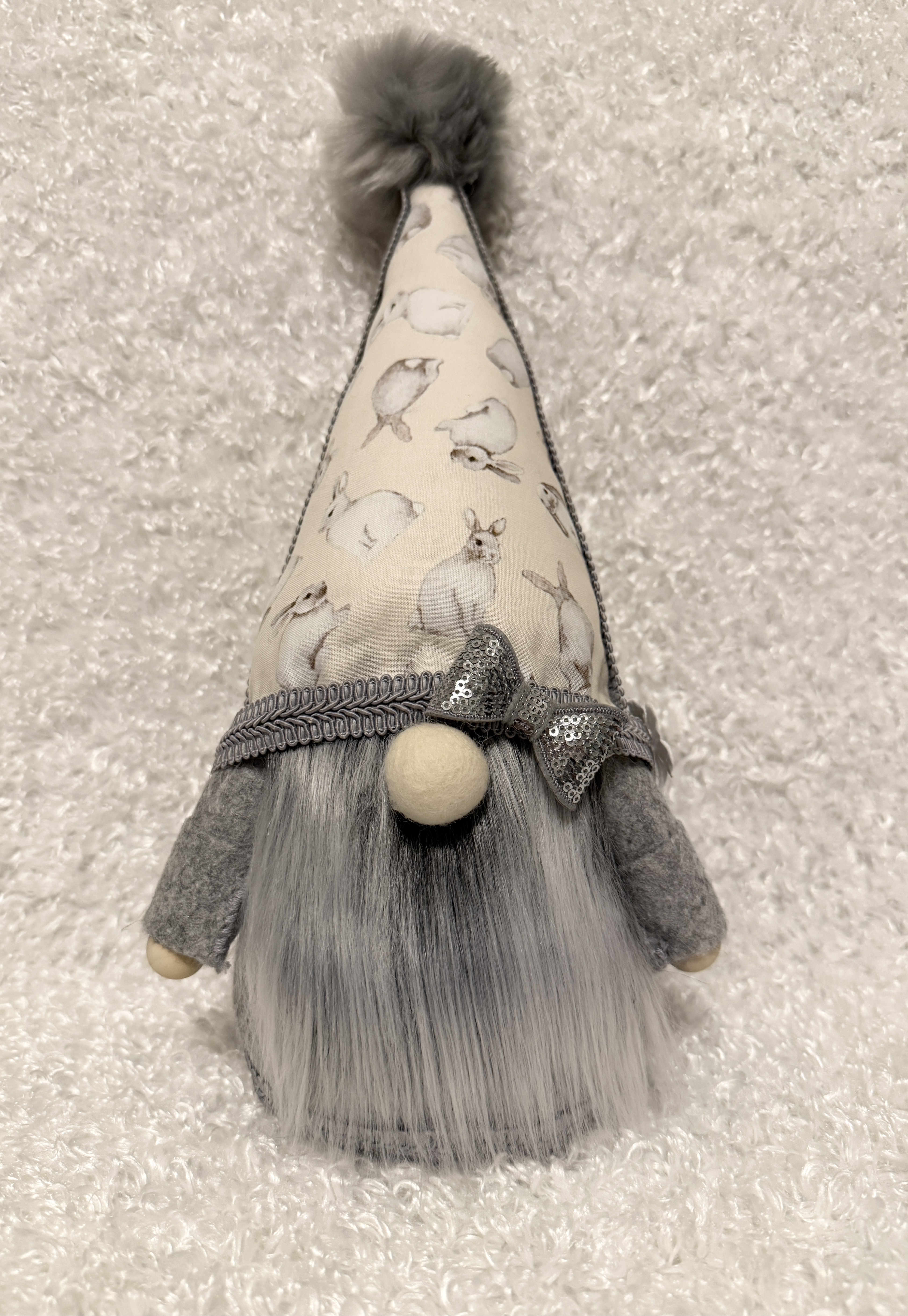 Handcrafted Whimsical Gnome with Silver Bow and White Rabbit Printed Hat