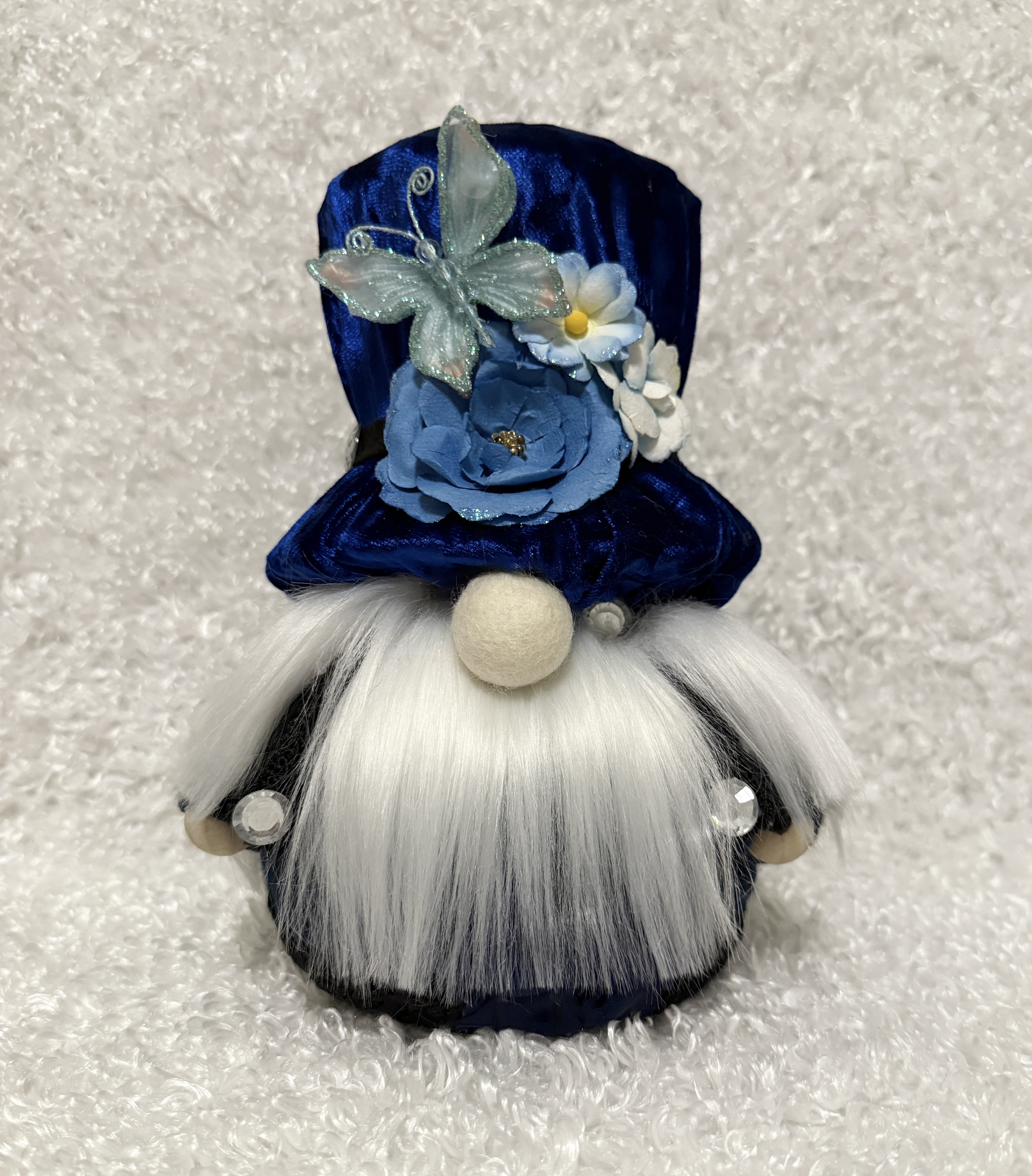 Charming Gnome with Blue Velvet Hat and Butterfly and Floral Accents