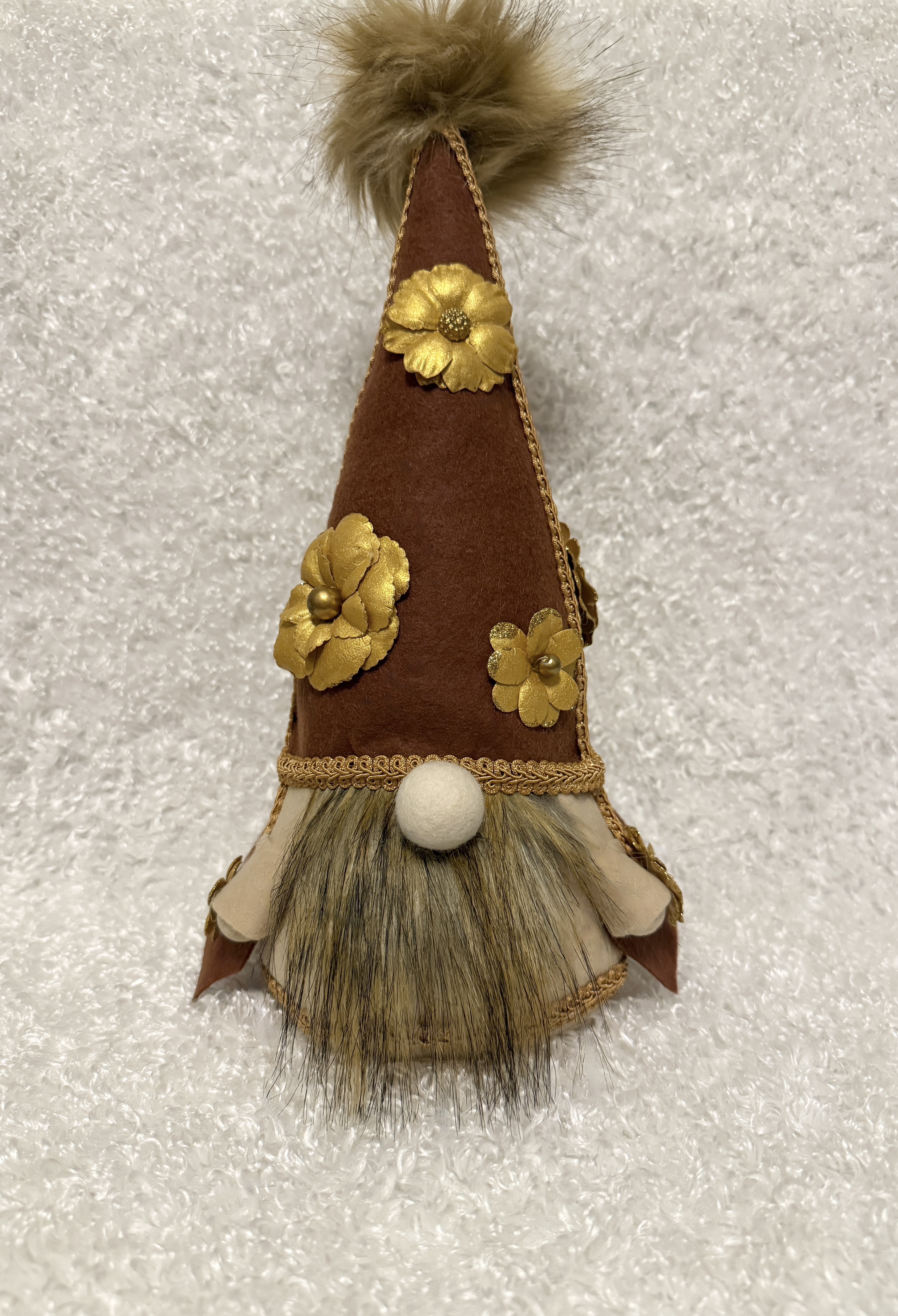 Autumn Rustic Gnome with Gold Floral Decorations