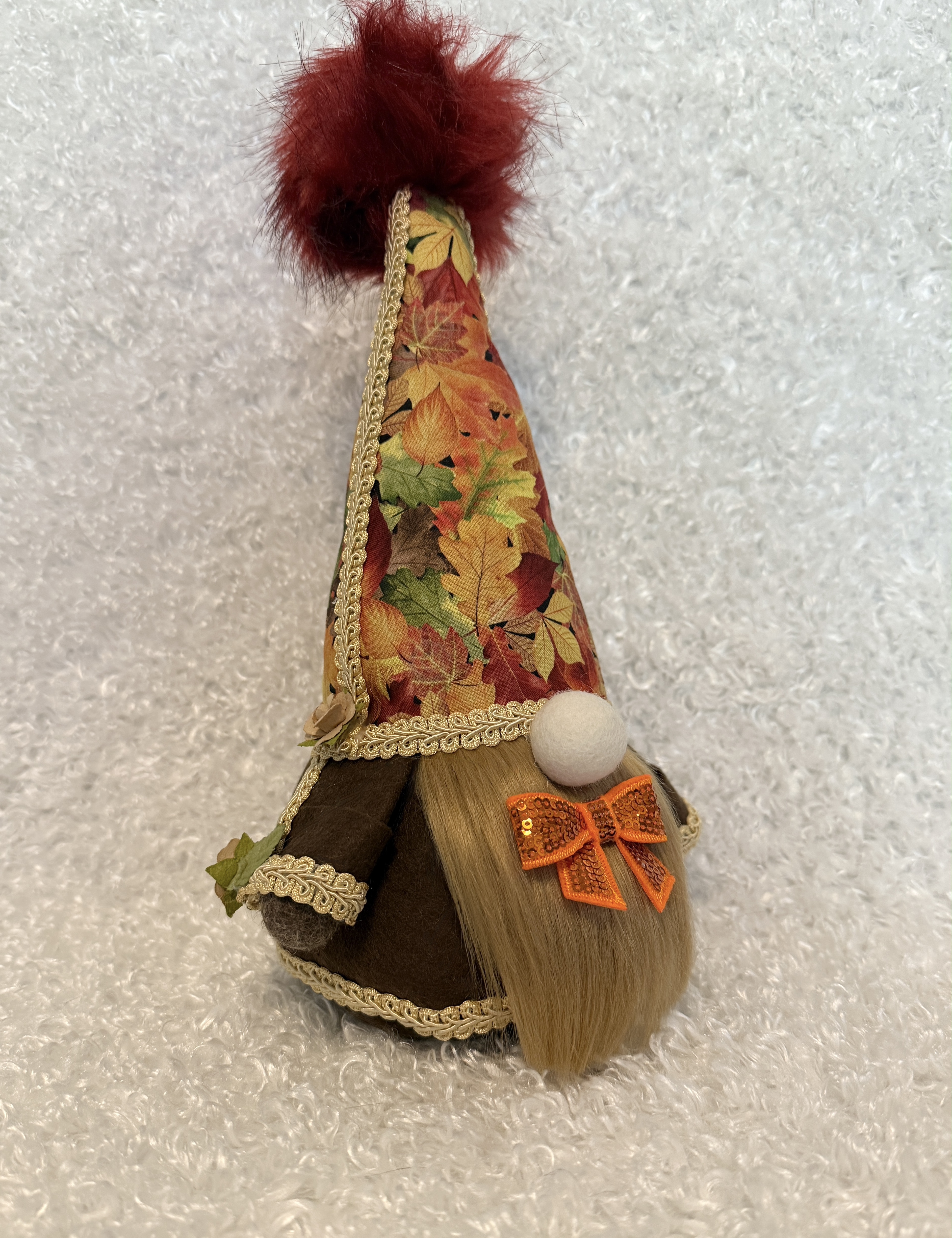 Autumn Gnome with Multi-Colored Leaf Hat and Sparkly Orange Bow Tie, Handmade Fall Decor, Rustic Thanksgiving Gnome