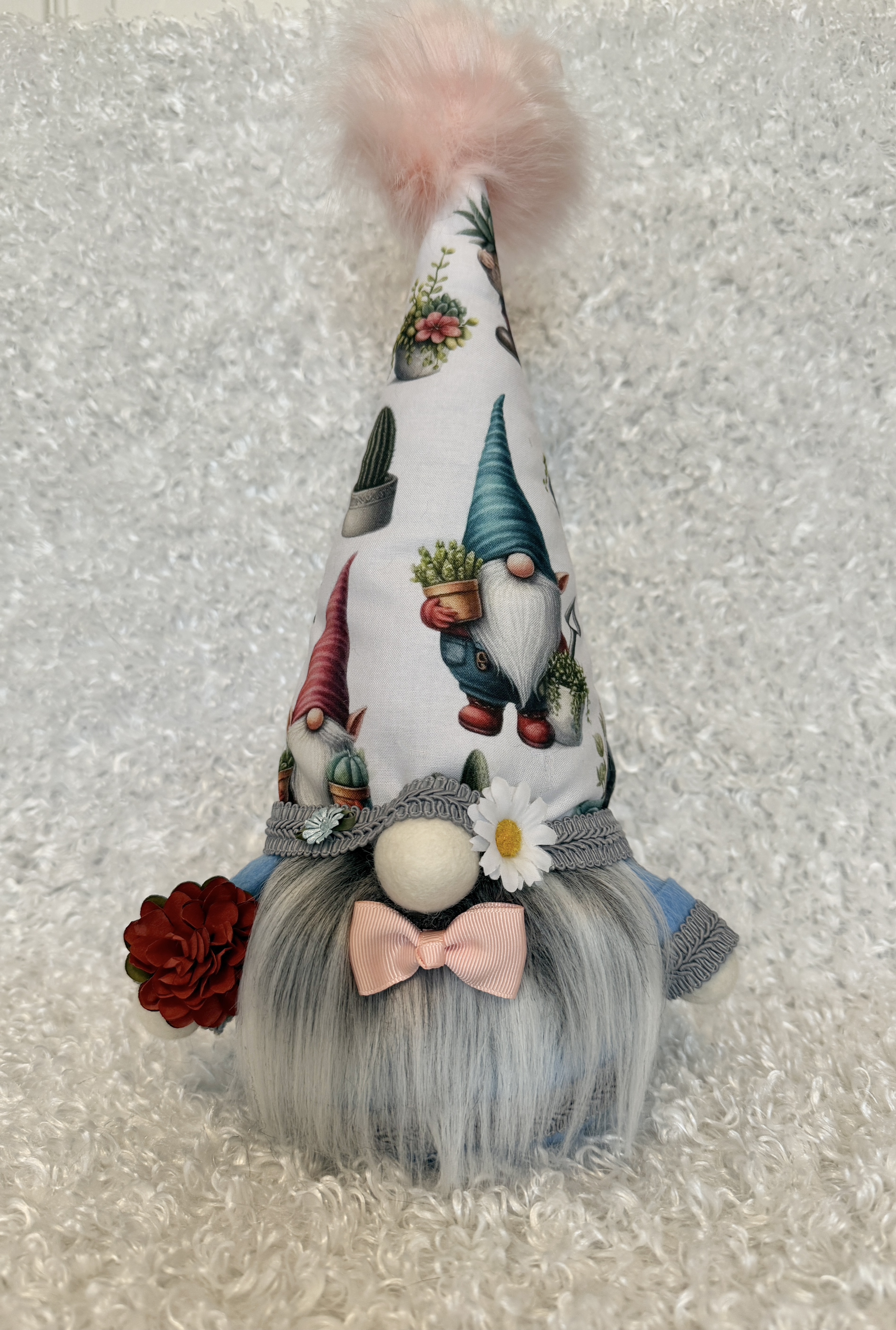 Gnome with Gnome-Covered Hat, Peach Bow Tie, and Gray Fluffy Beard, Handmade Whimsical Gnome Decor