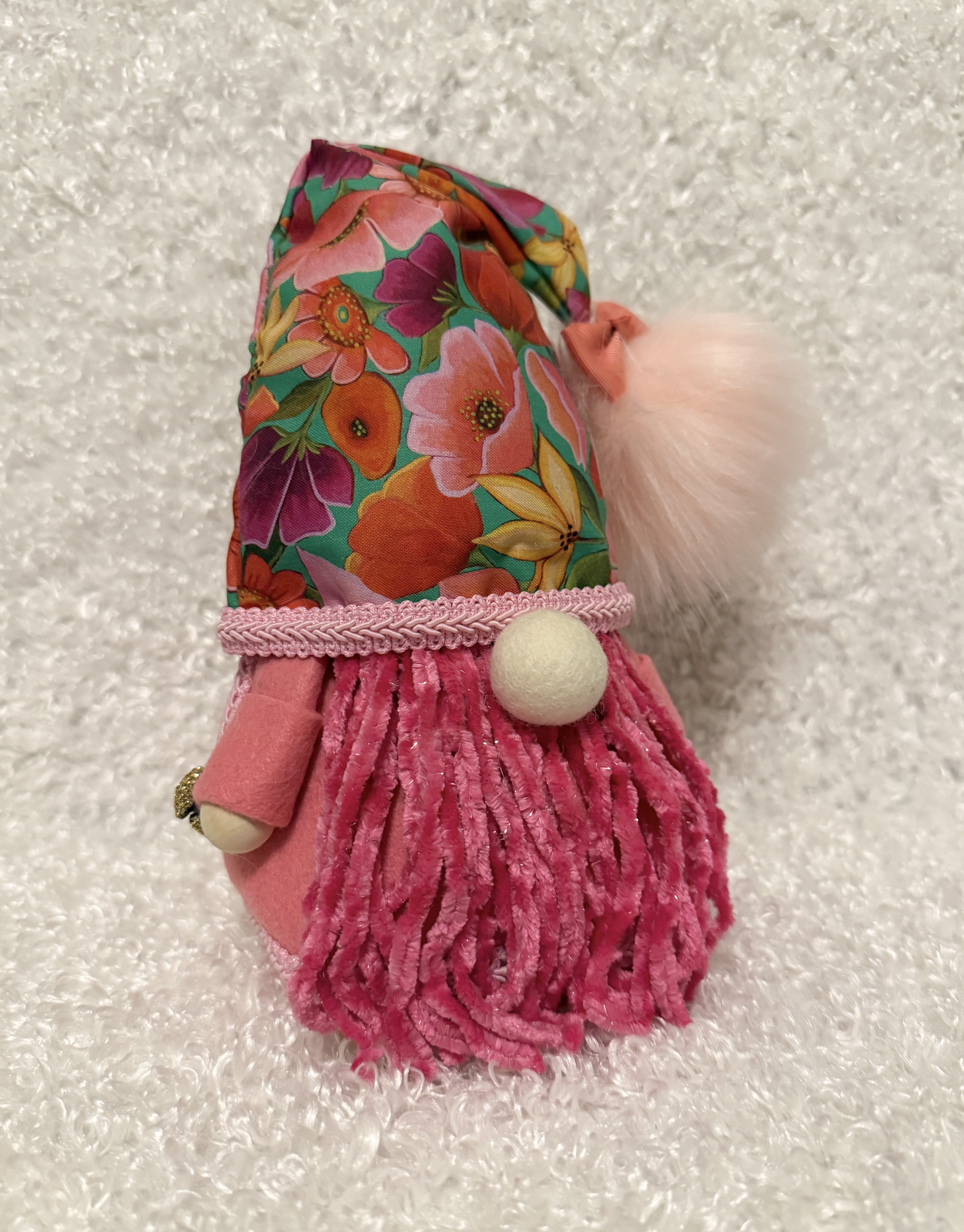 Decorative Gnome with Pink Yarn Beard and Floral Hat