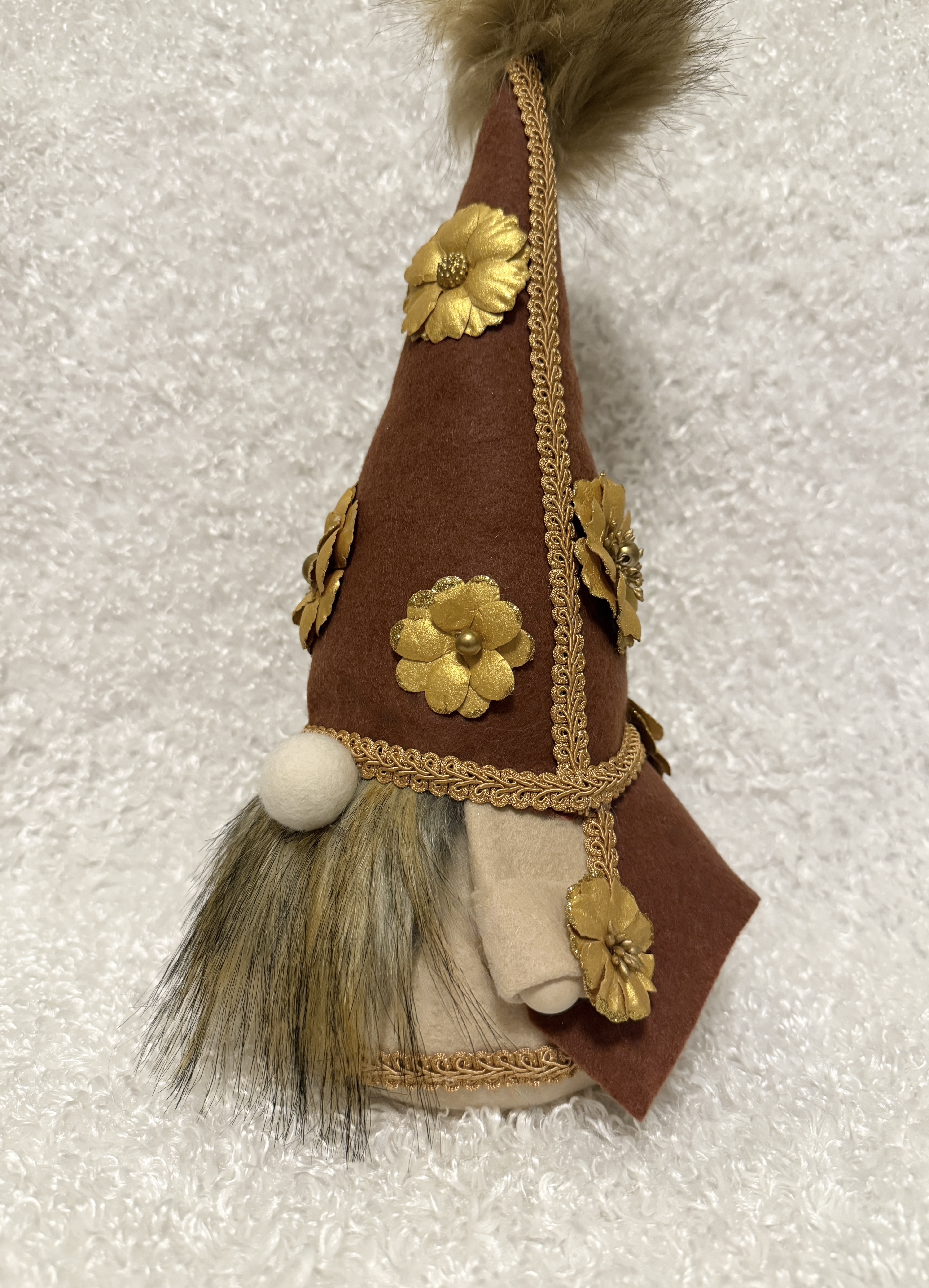 Autumn Rustic Gnome with Gold Floral Decorations