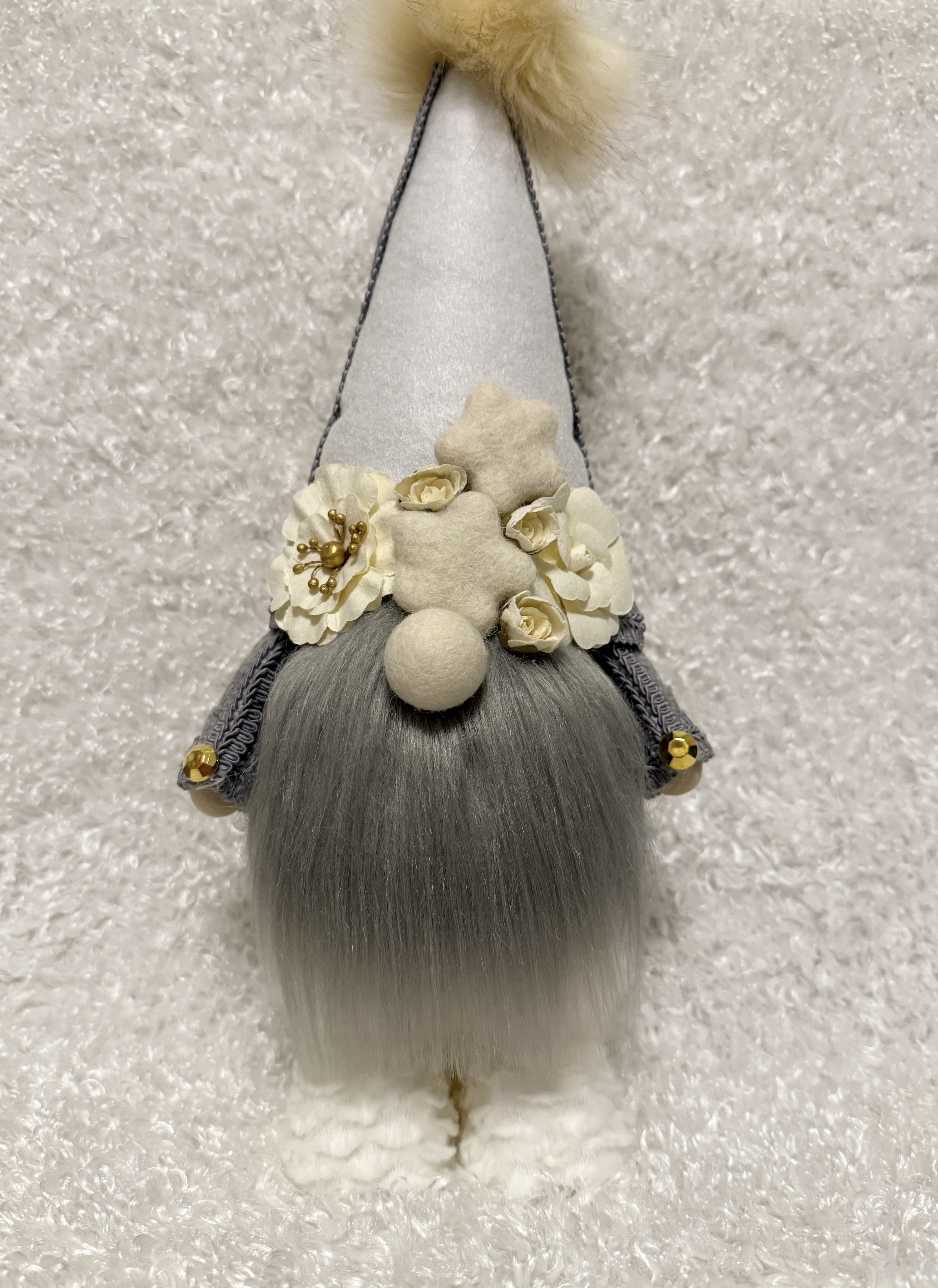 Cozy Nordic-Style Standing Gnome with Gray Beard and Floral Details