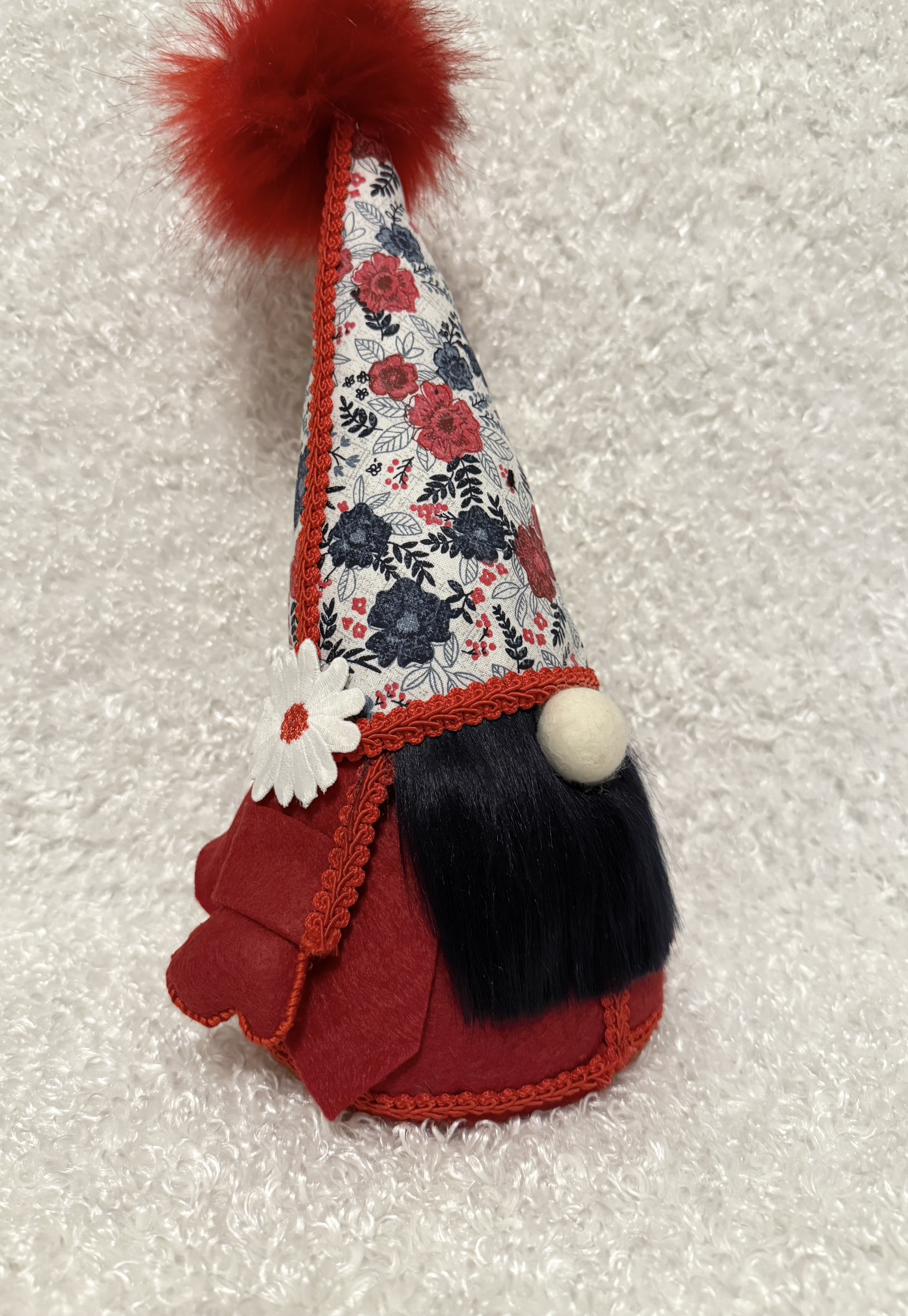 Festive Red, White and Blue and Floral Hat Gnome with Navy Blue Beard