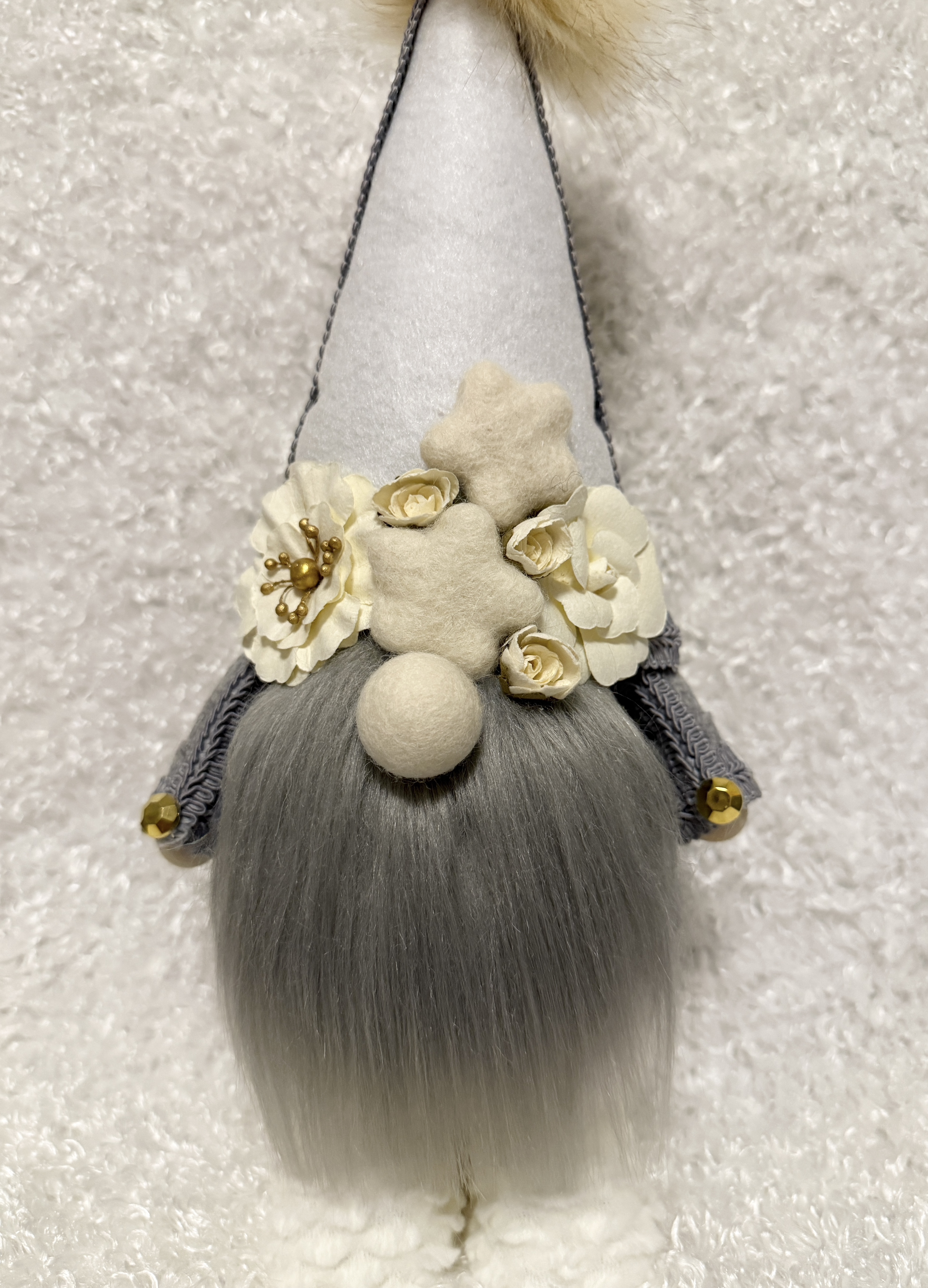 Cozy Nordic-Style Standing Gnome with Gray Beard and Floral Details