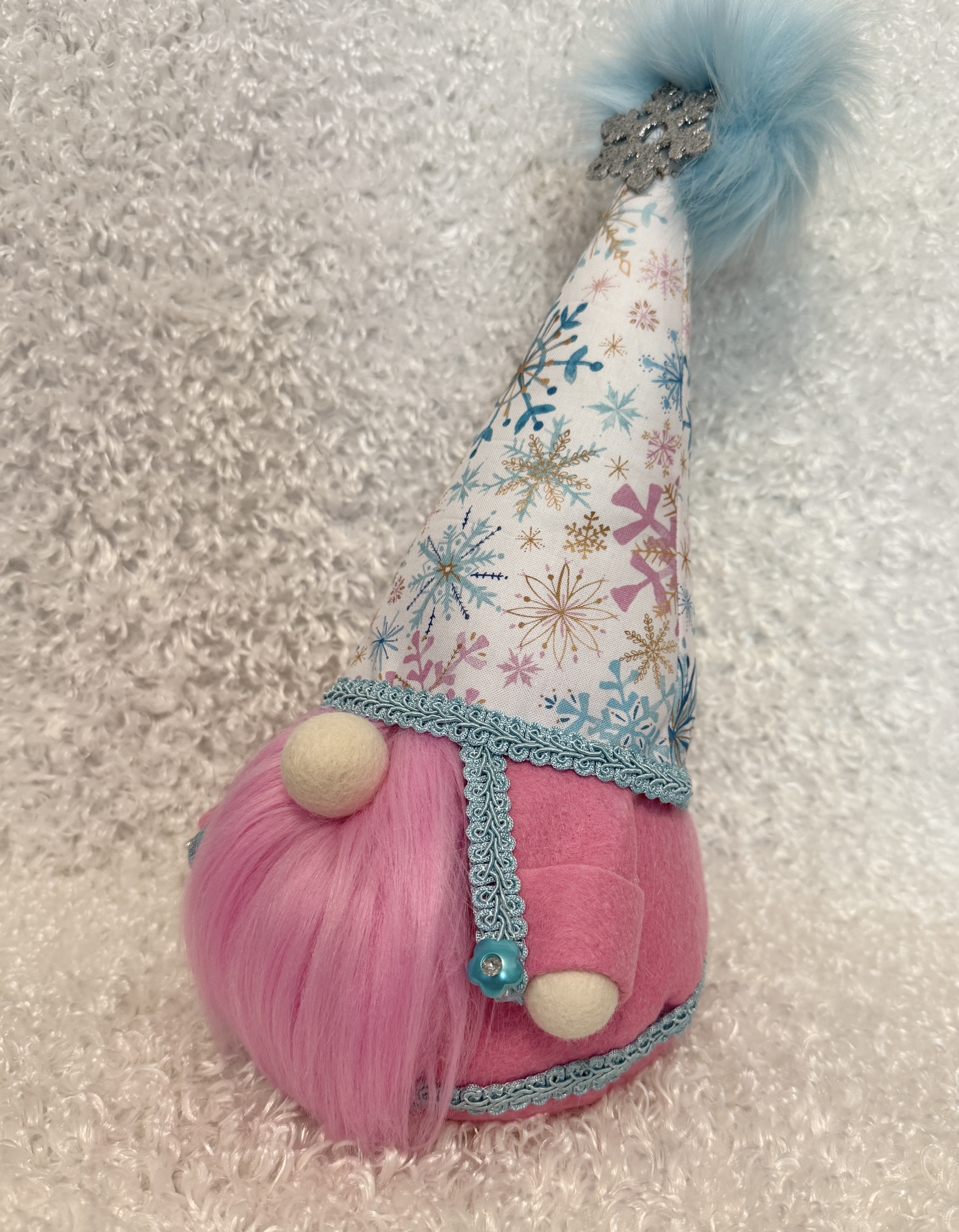 Gnome with Snowflake Covered Hat and Fluffy Pink Beard, Winter Gnome Décor, Cute Christmas Decoration