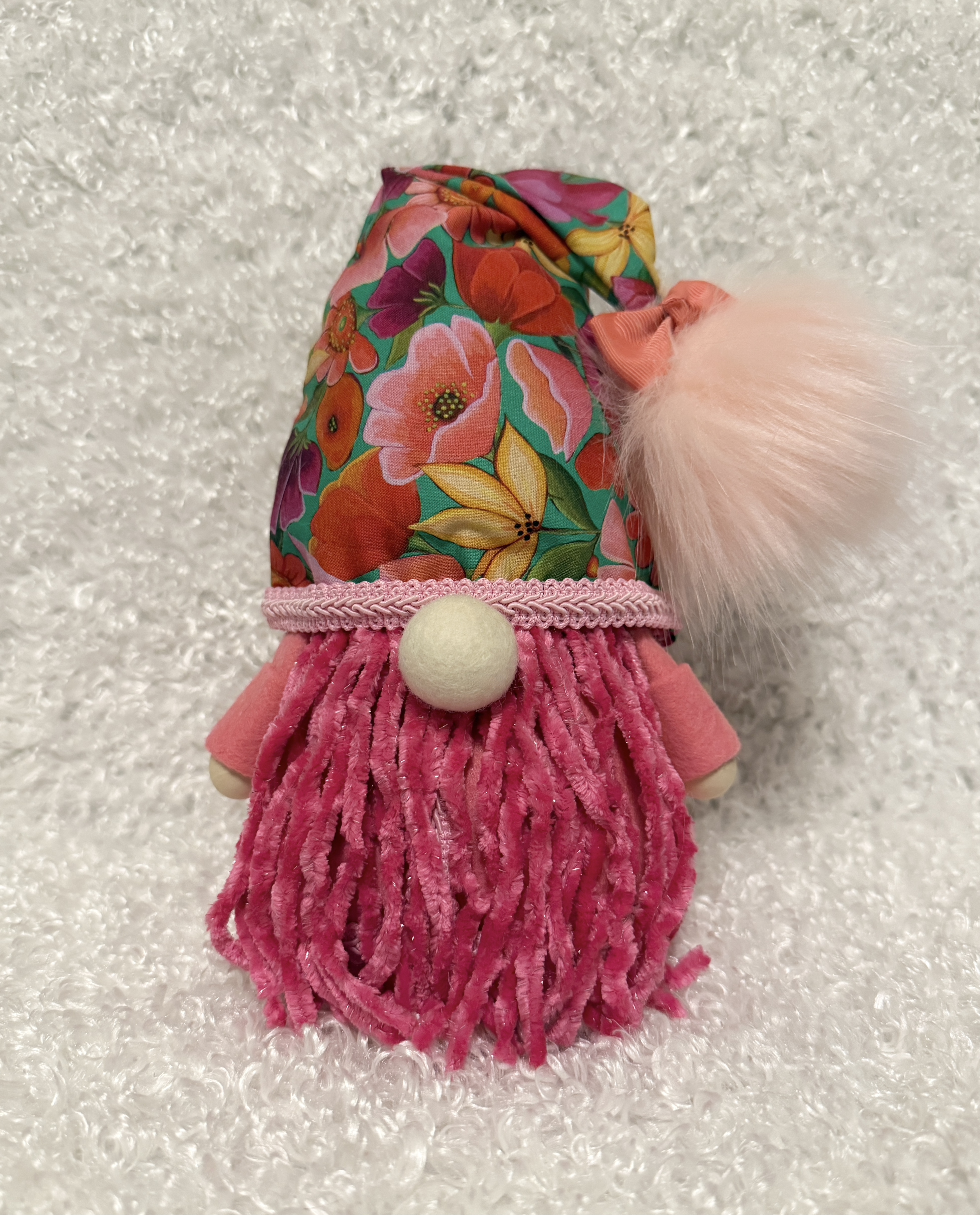 Decorative Gnome with Pink Yarn Beard and Floral Hat