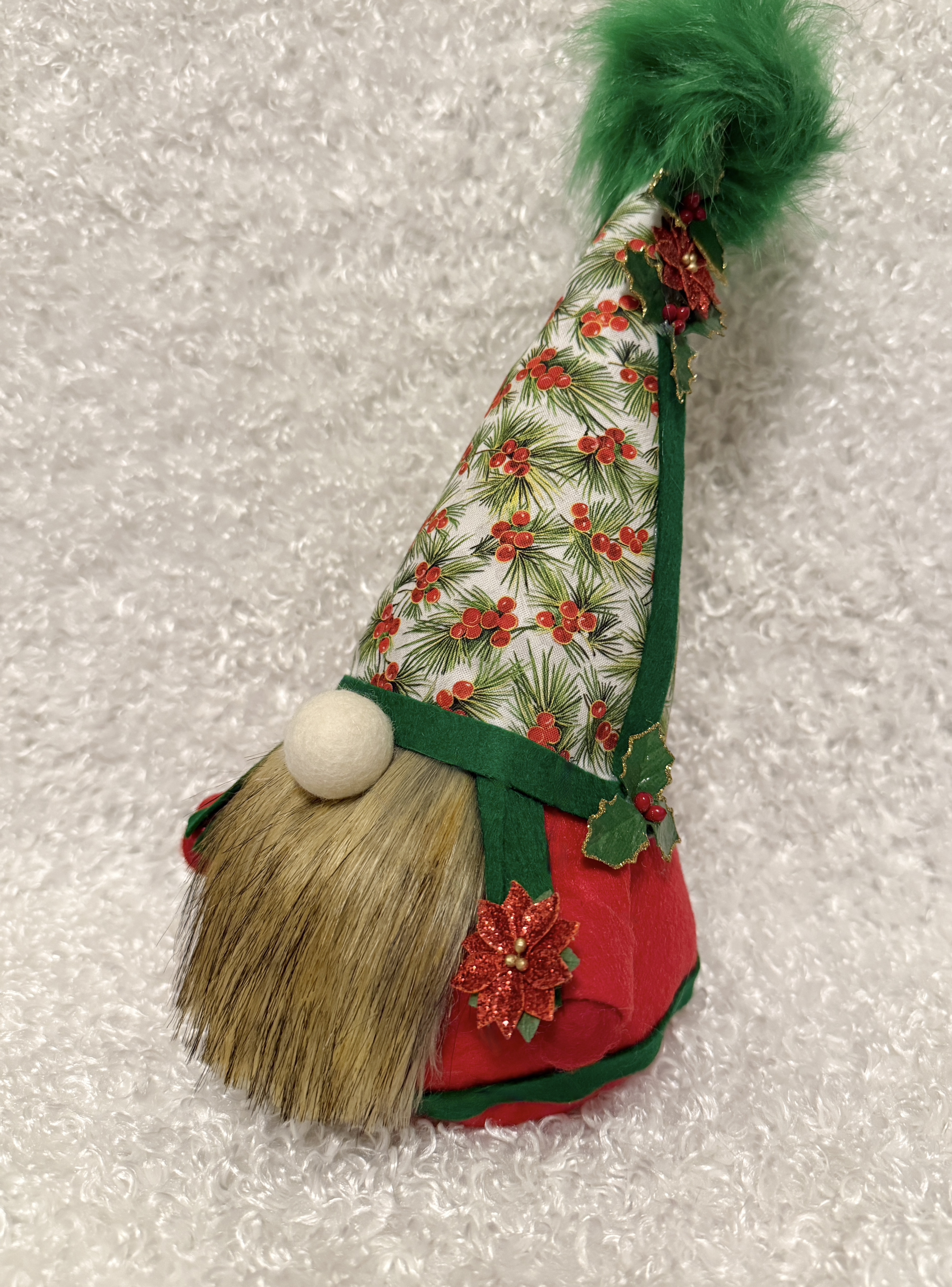 Red and Green Christmas Gnome with Holly Covered Hat, Fluffy Brown Beard, Holding Poinsettias, Cute Xmas Decor