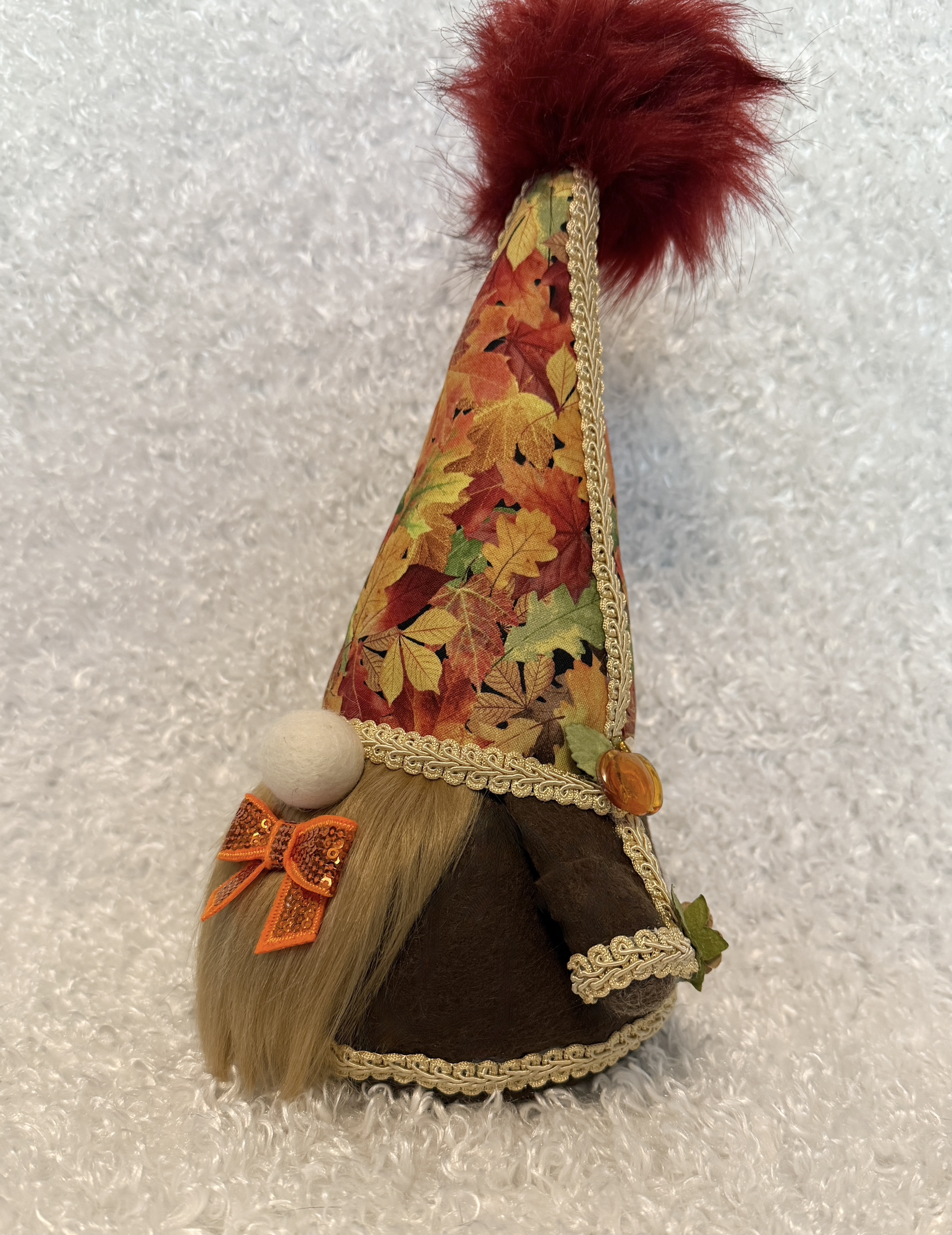 Autumn Gnome with Multi-Colored Leaf Hat and Sparkly Orange Bow Tie, Handmade Fall Decor, Rustic Thanksgiving Gnome