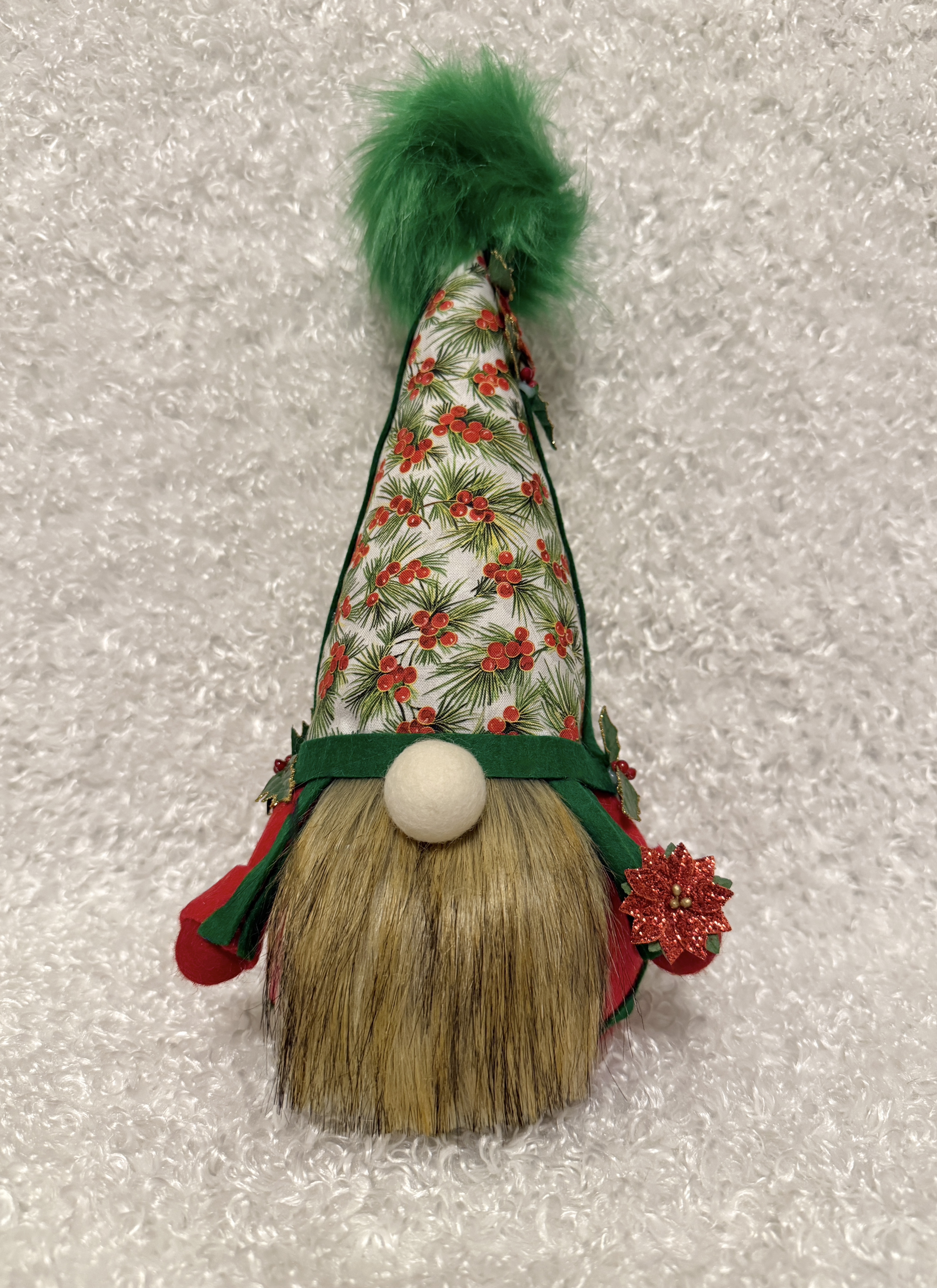 Red and Green Christmas Gnome with Holly Covered Hat, Fluffy Brown Beard, Holding Poinsettias, Cute Xmas Decor