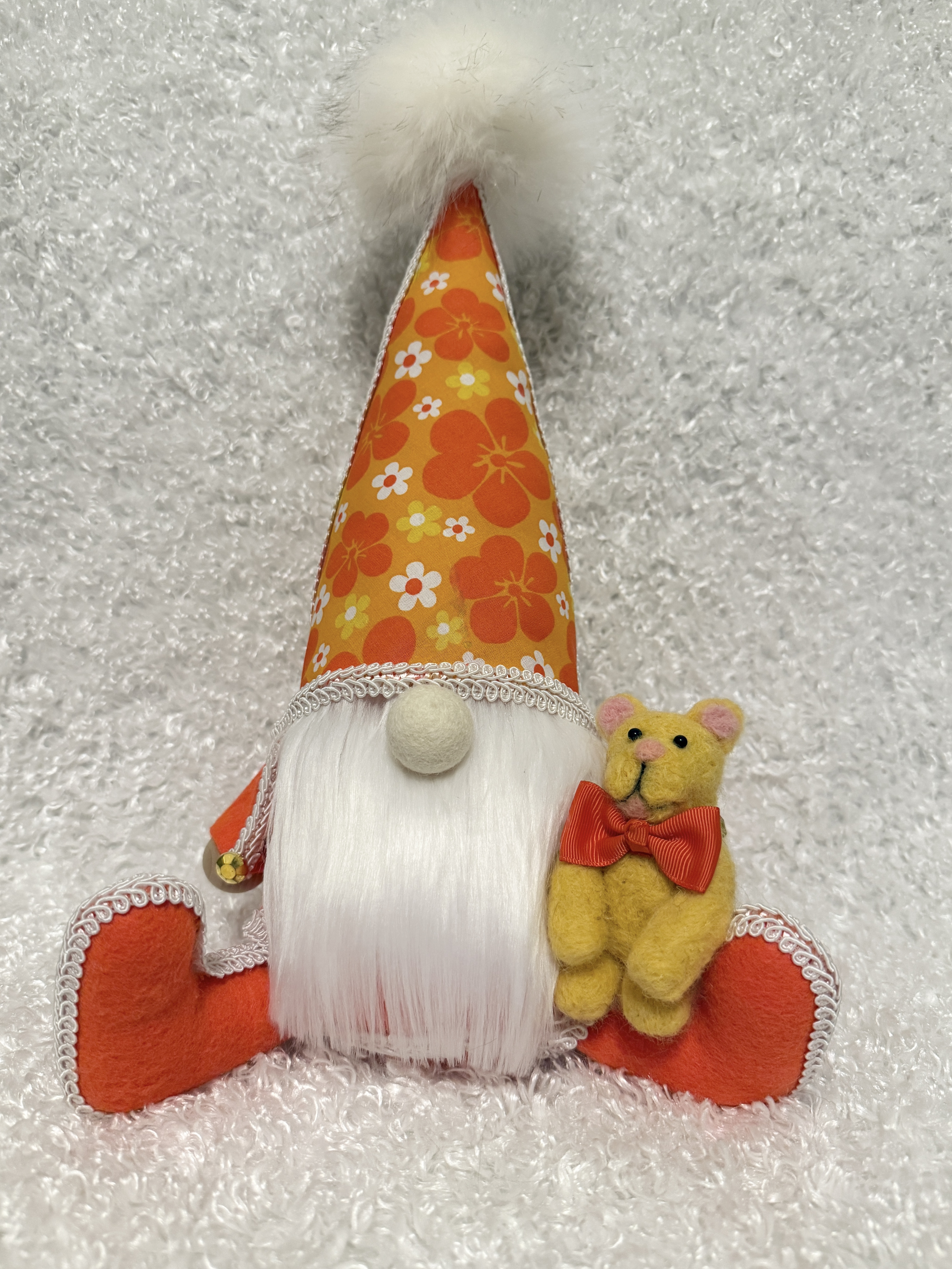 Charming Orange Spring Gnome with Floral Hat and Plush Bear