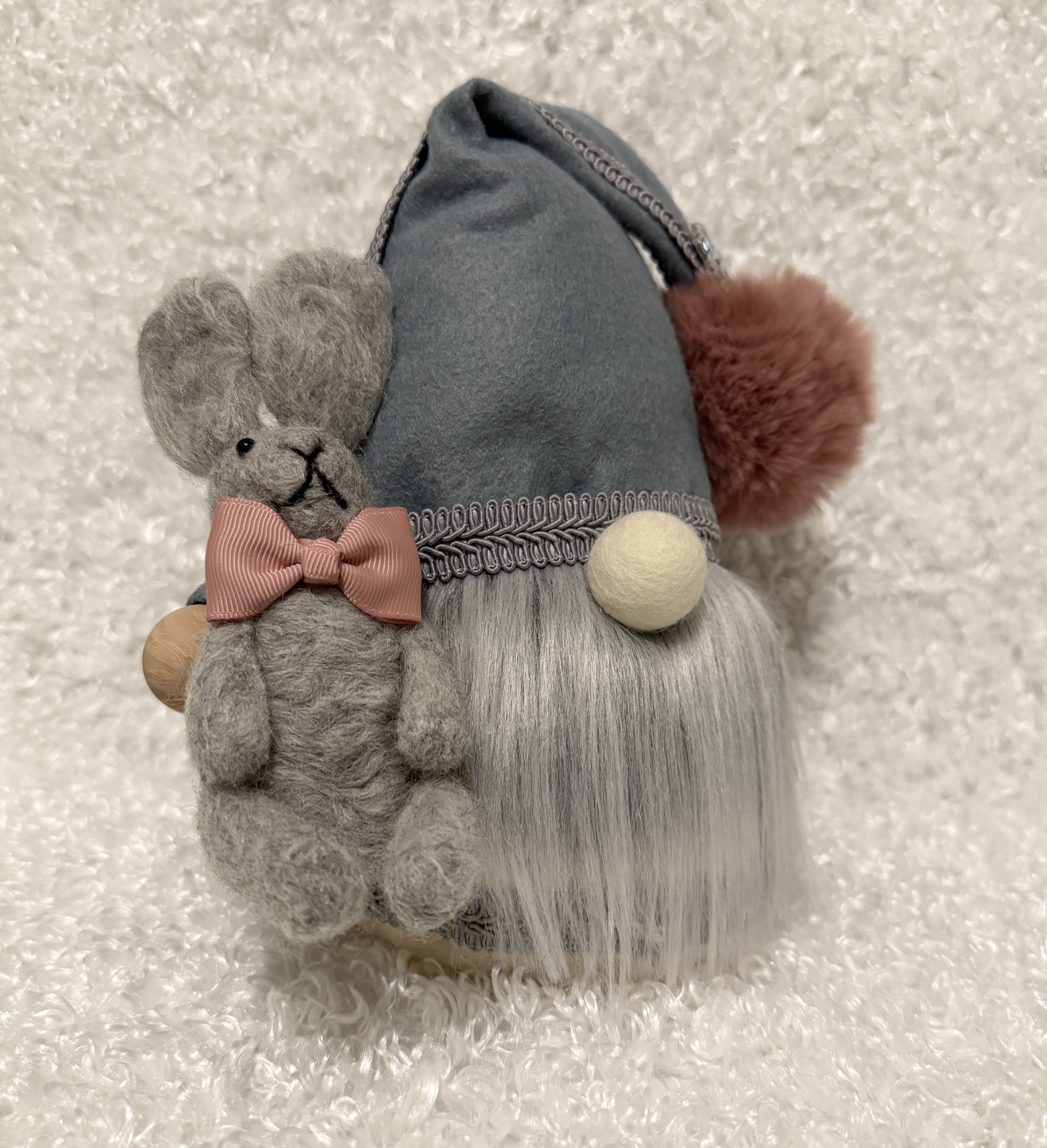 Cozy Gray Gnome with Needle Felted Bunny