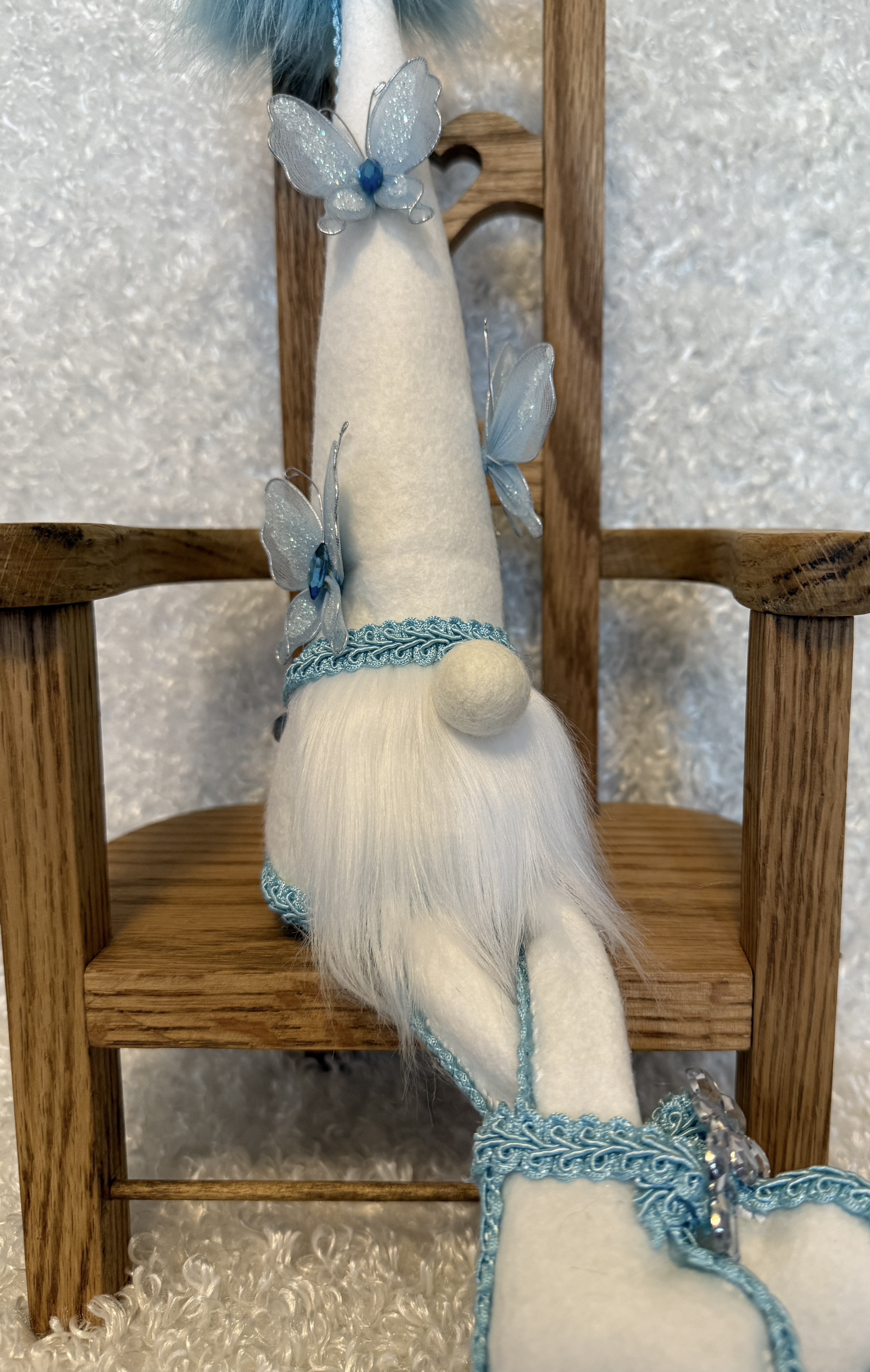 Sitting White Gnome with Long Legs and Blue Butterflies , Spring Gnome Decor, Handmade Whimsical Gnome