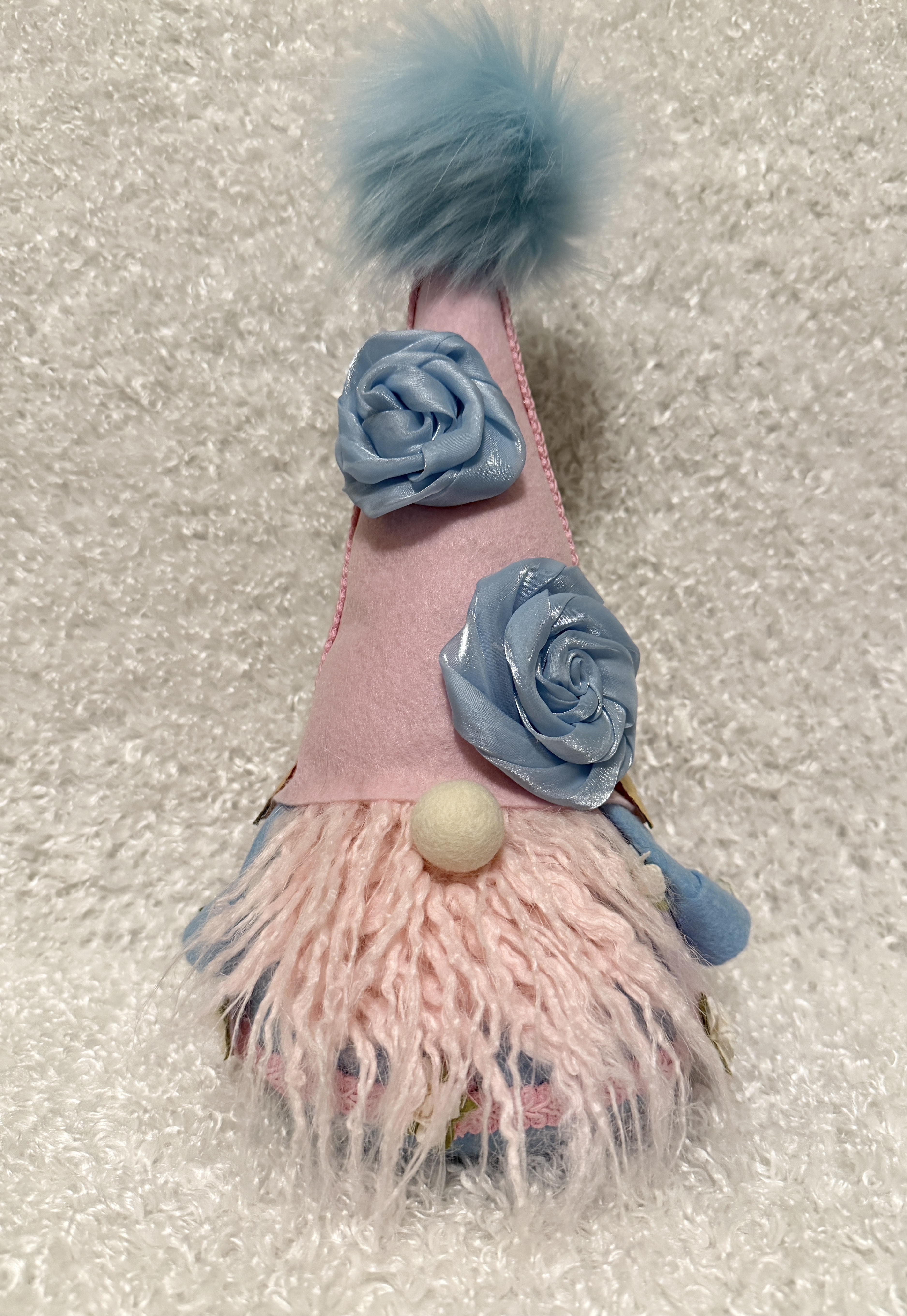 Pink and Blue Decorative Gnome with Fluffy Beard and Floral Accents