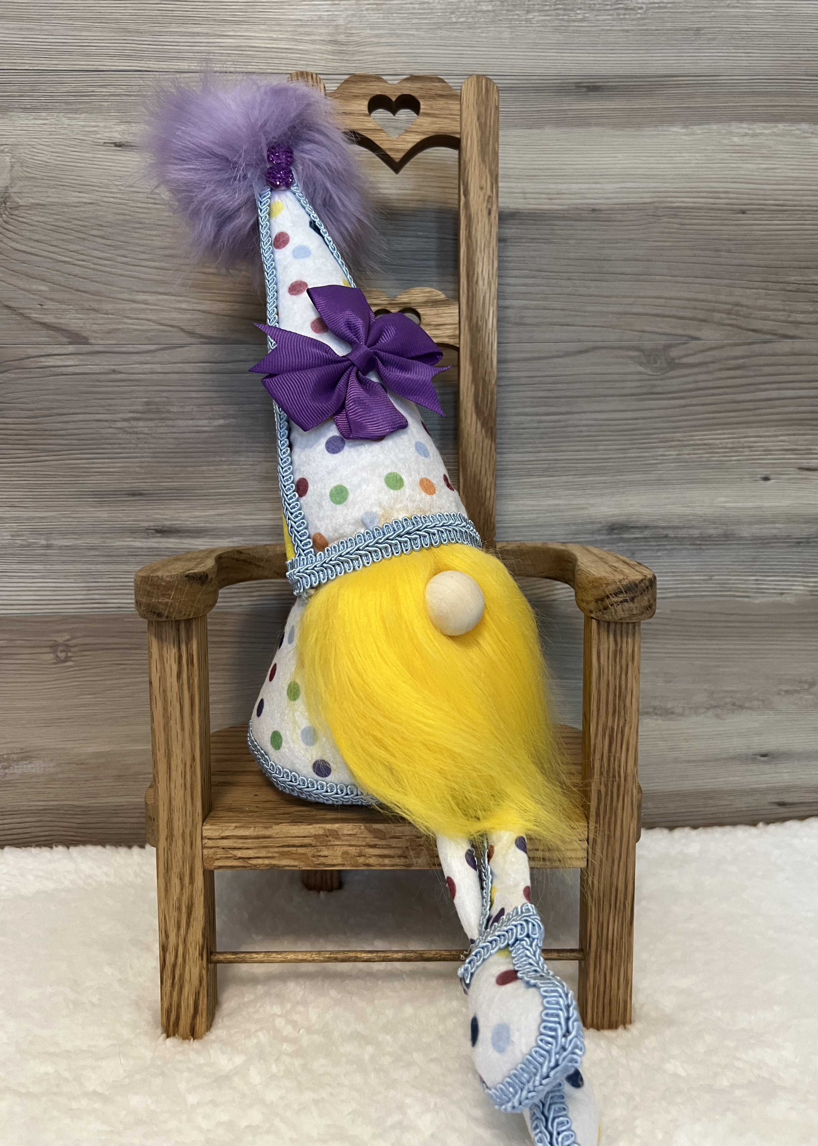 Polka Dot Sitting Gnome Doll with Bright Purple Bow