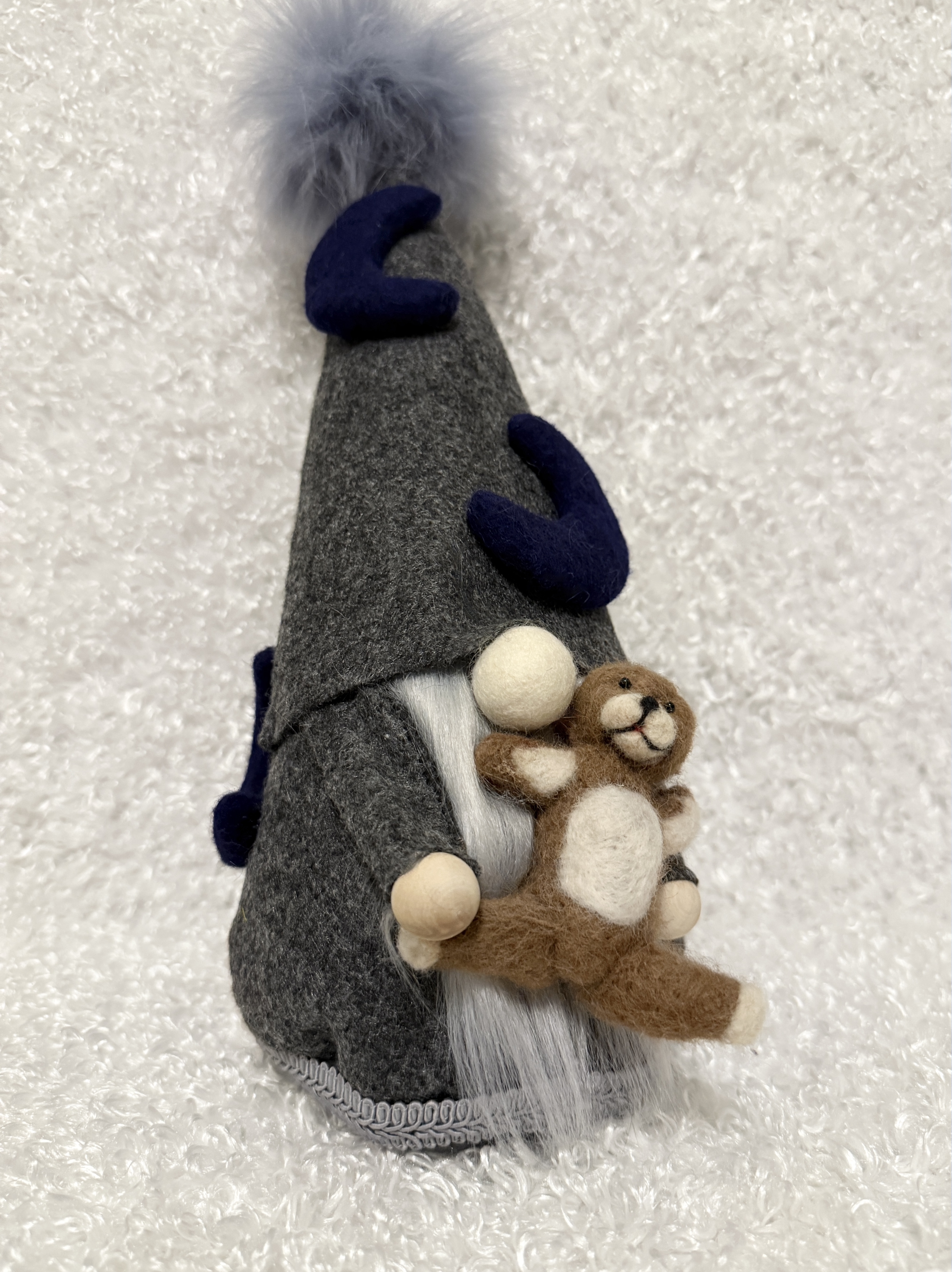 Handcrafted Gnome with Blue Moons and Brown Teddy Bear