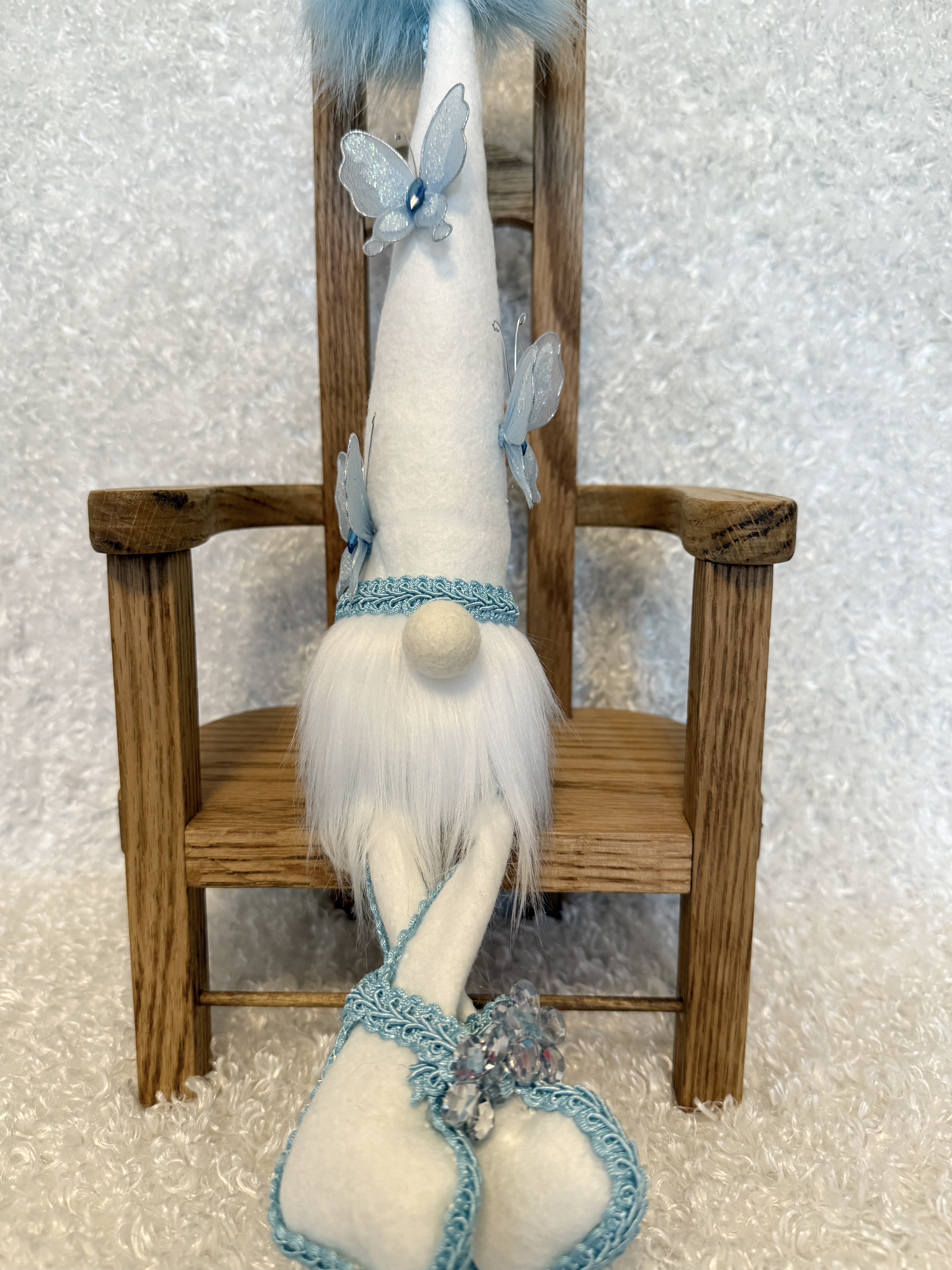 Sitting White Gnome with Long Legs and Blue Butterflies , Spring Gnome Decor, Handmade Whimsical Gnome