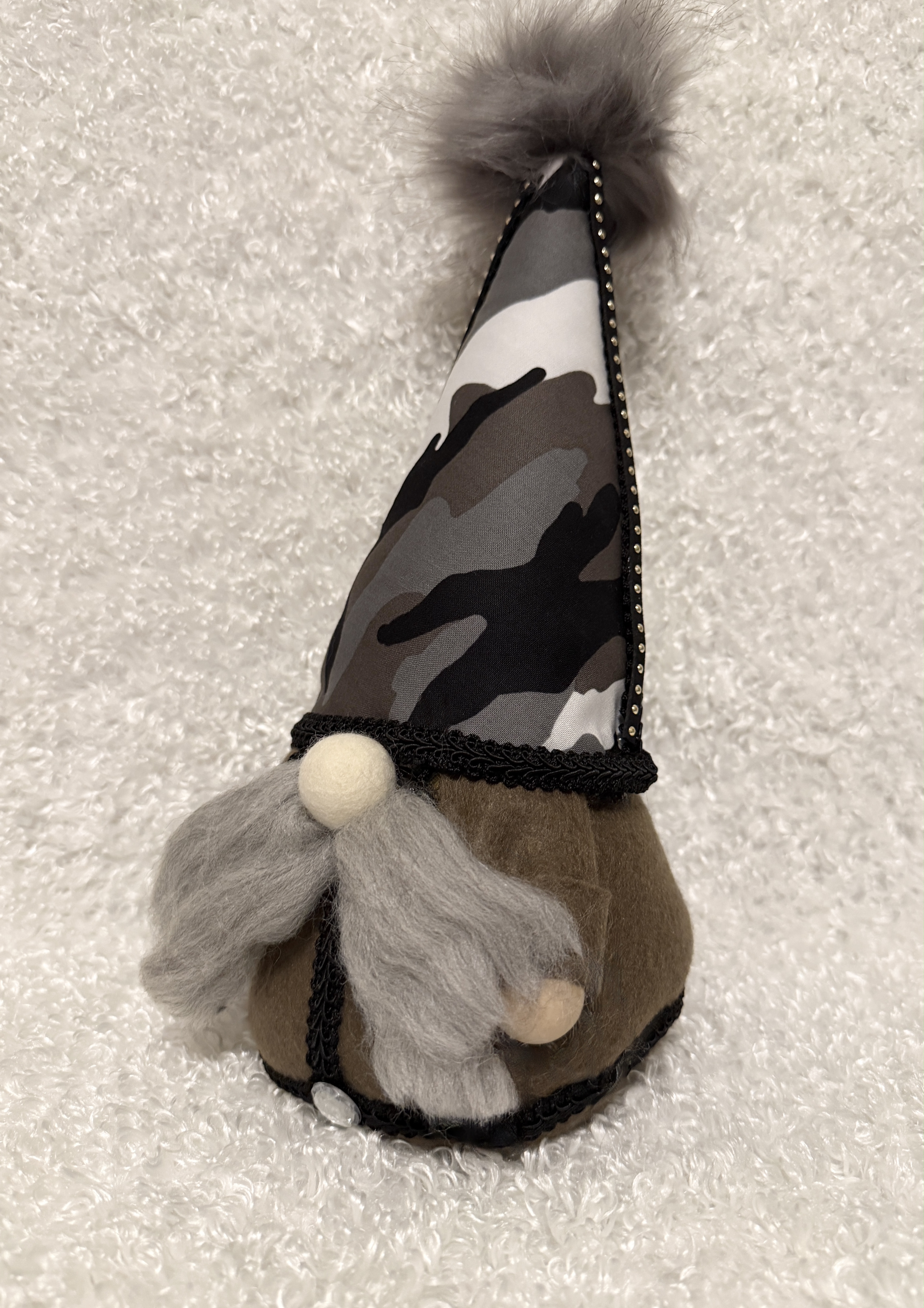 Decorative Plush Gnome with Camo Hat and Fluffy Mustache