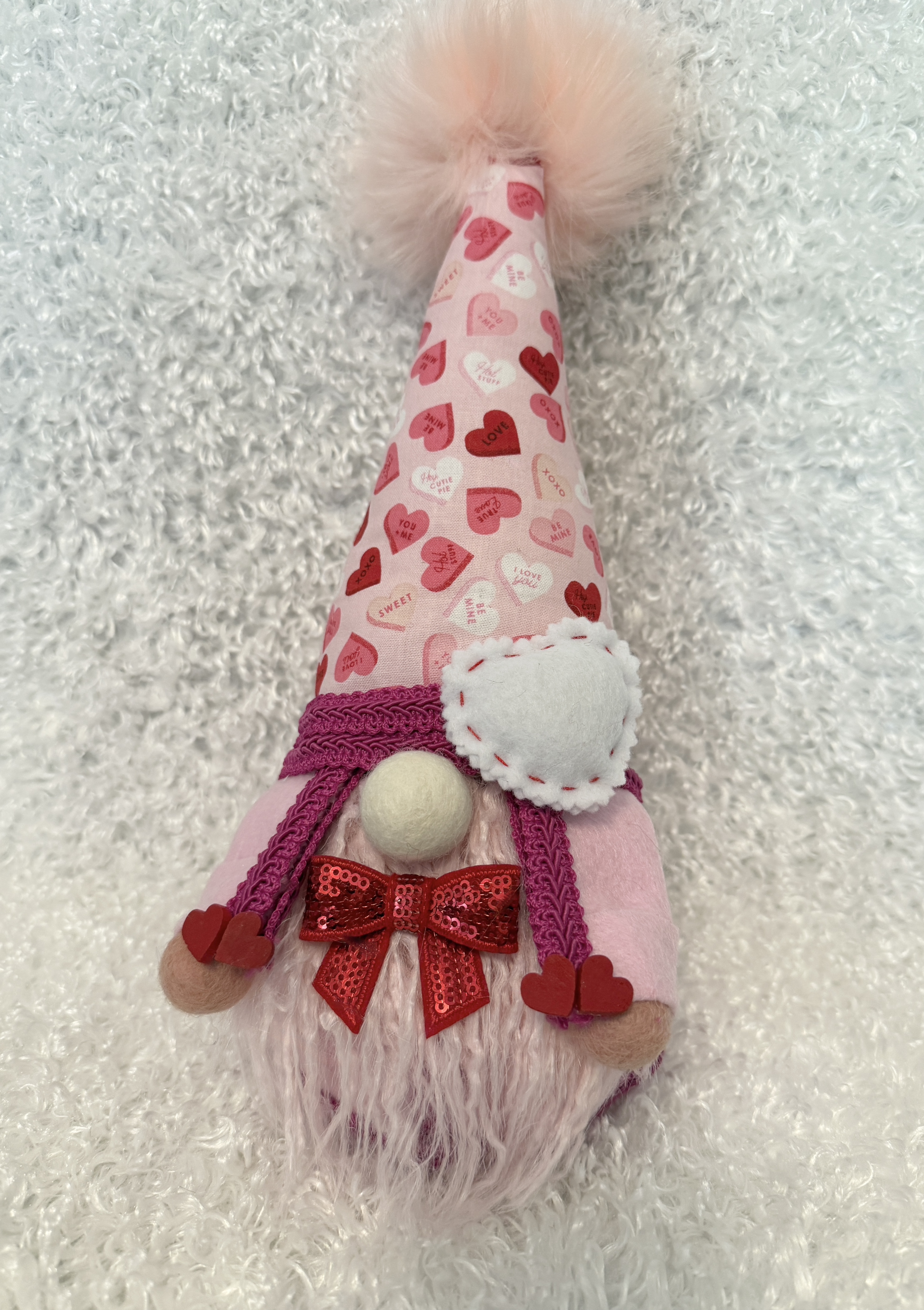 Valentine's Day Gnome with Fluffy Pink Beard and Glittery Red Bow Tie, Cute Holiday Decor Gift
