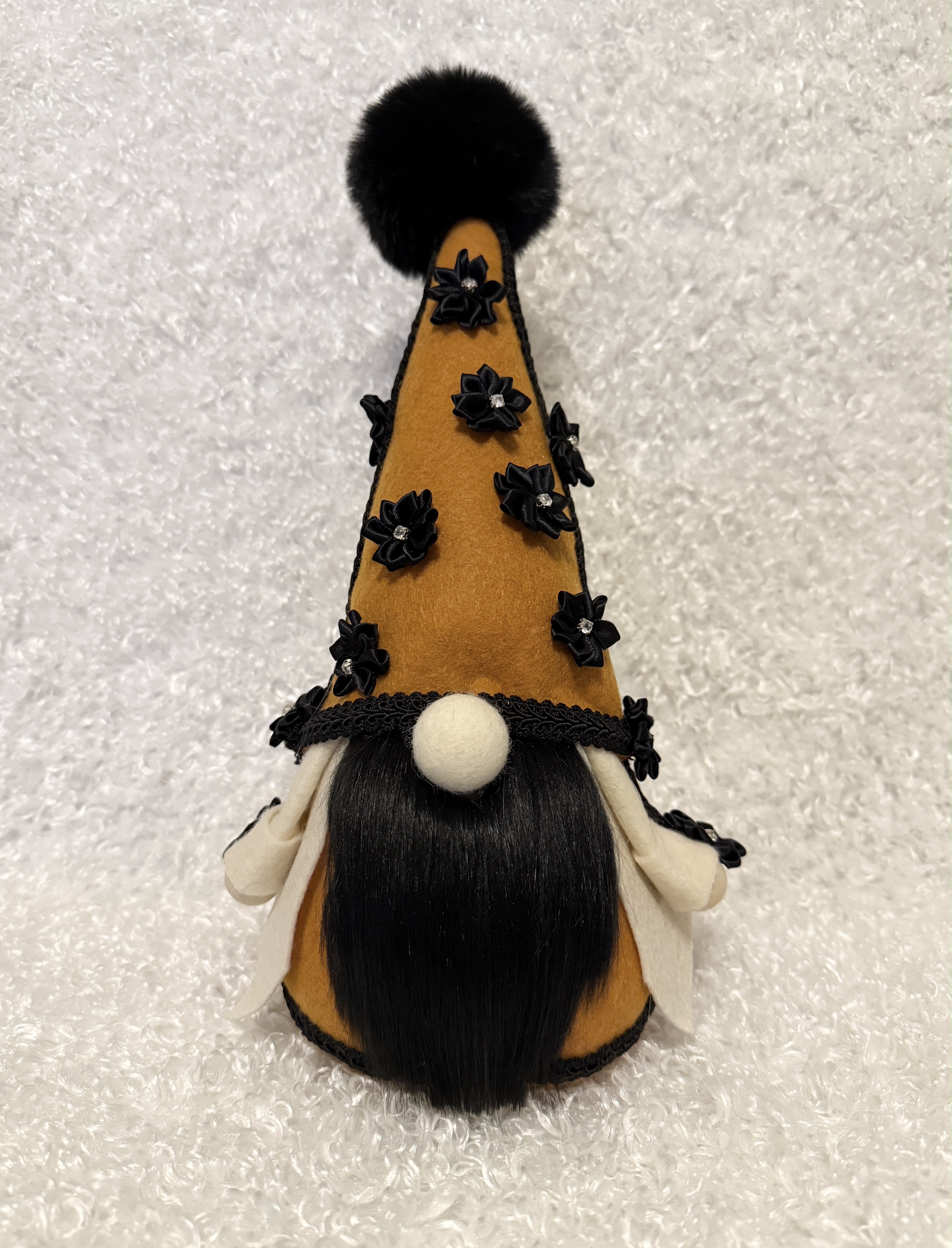 Decorative Plush Gnome with Black Floral Embellishments