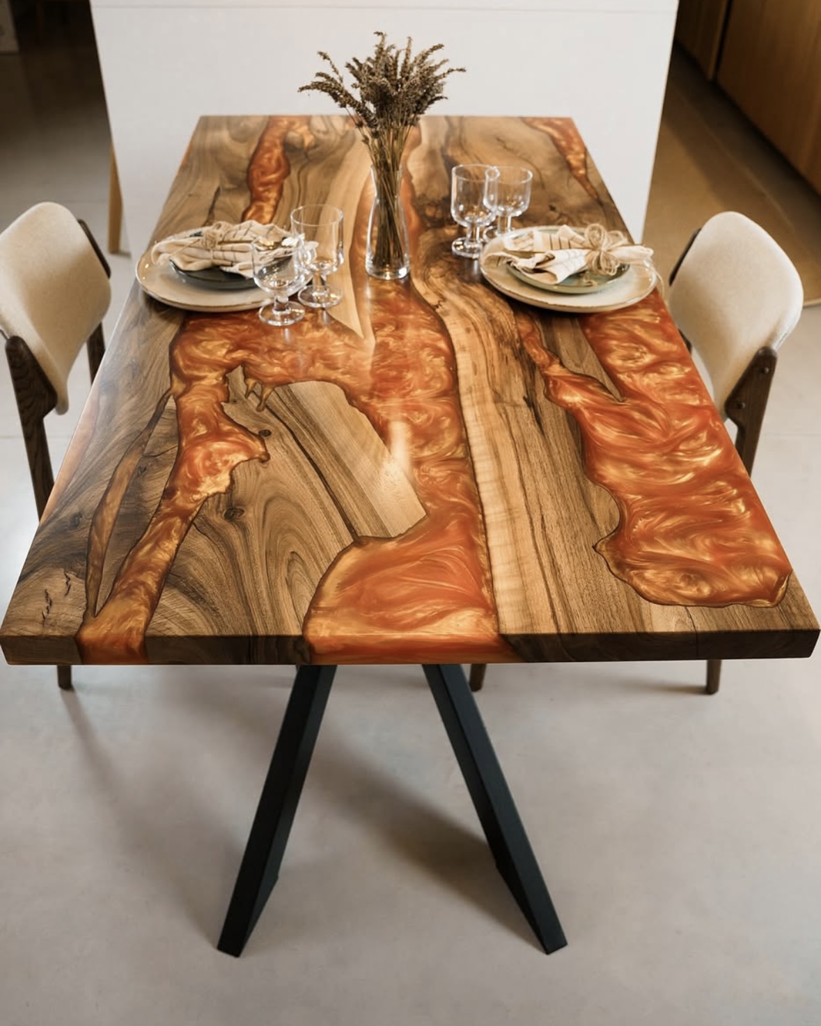 Mesa de comedor de resina y madera