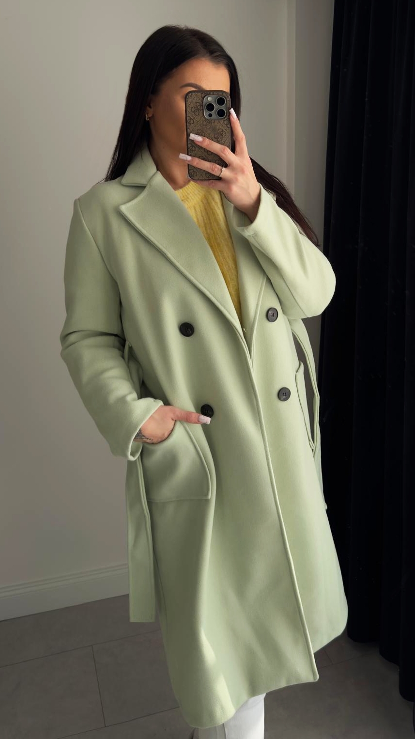 Płaszcz damski pistacjowy wiązany