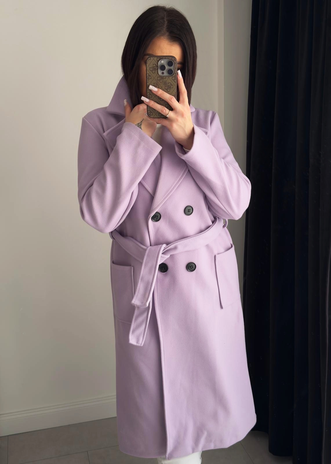 Płaszcz damski fioletowy wiązany