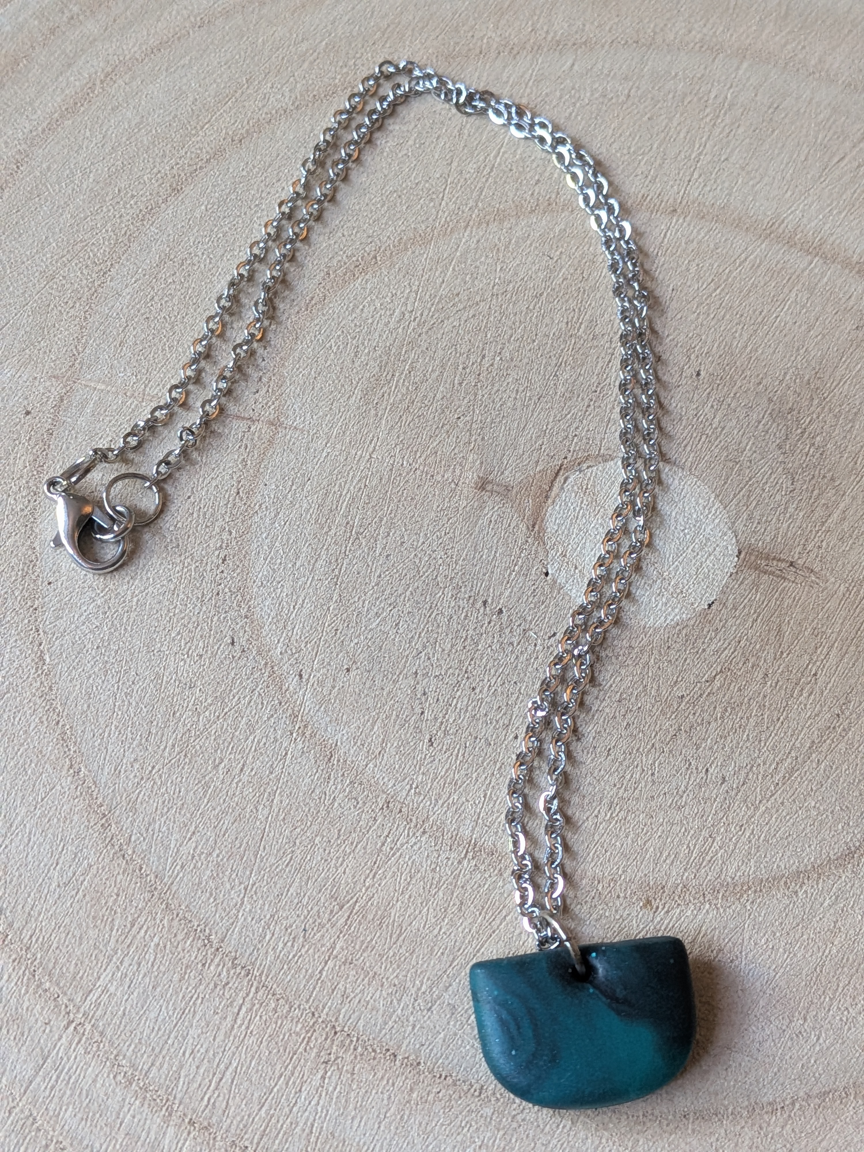 Gorgeous Subtle Dark Green Swirls Polymer Clay & Stainless Steel Necklace