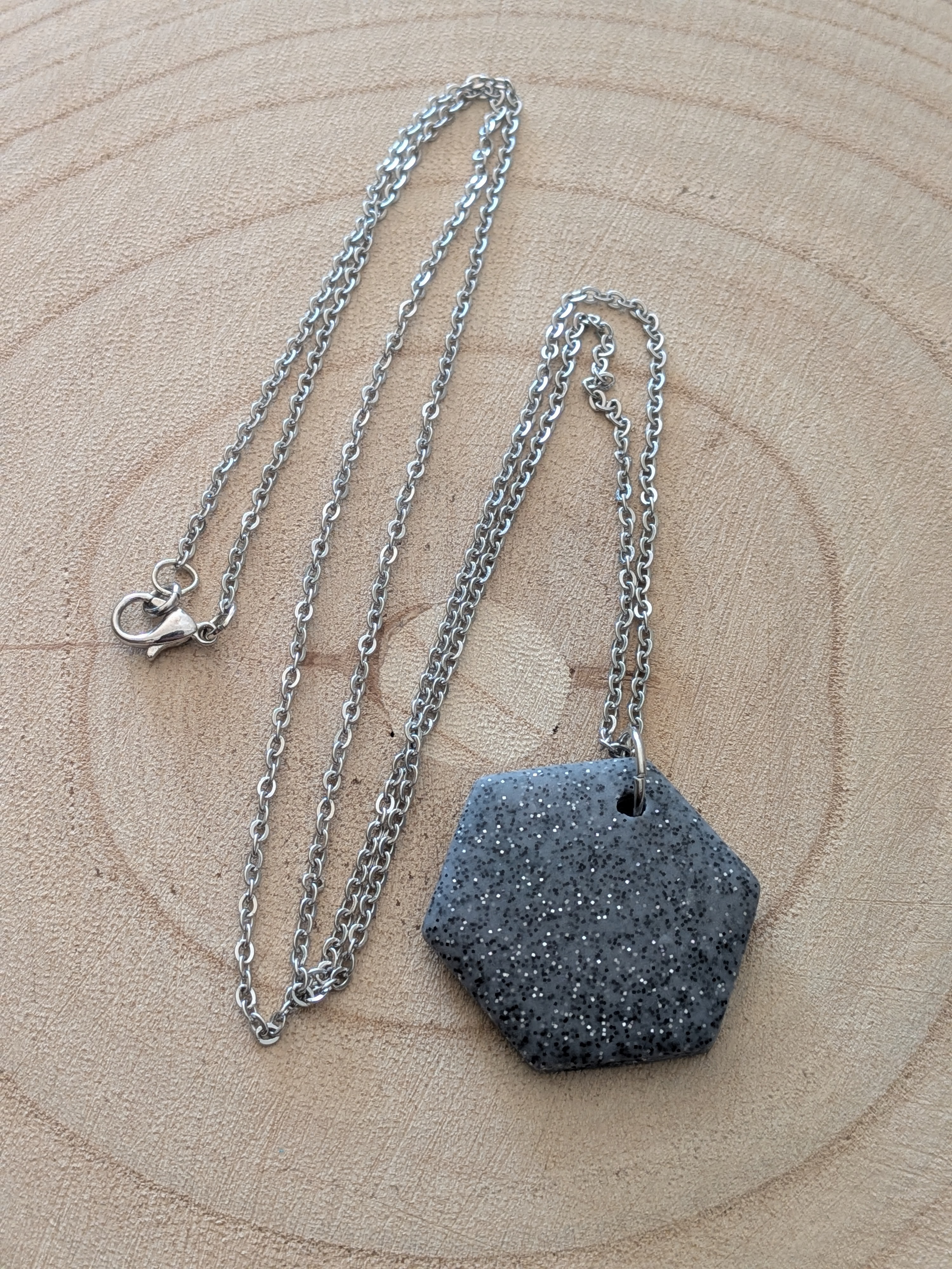 Grey Sparkle Hexagon Polymer Clay Necklace
