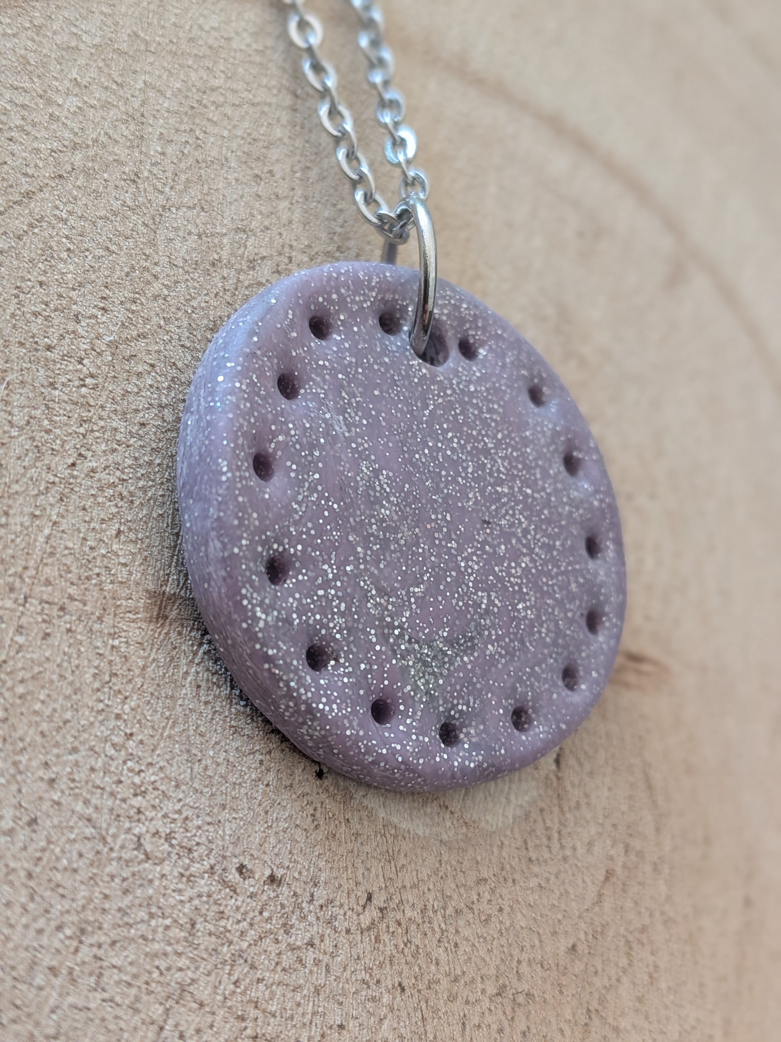Lilac Sparkle Circle Pitted Polymer Clay Necklace