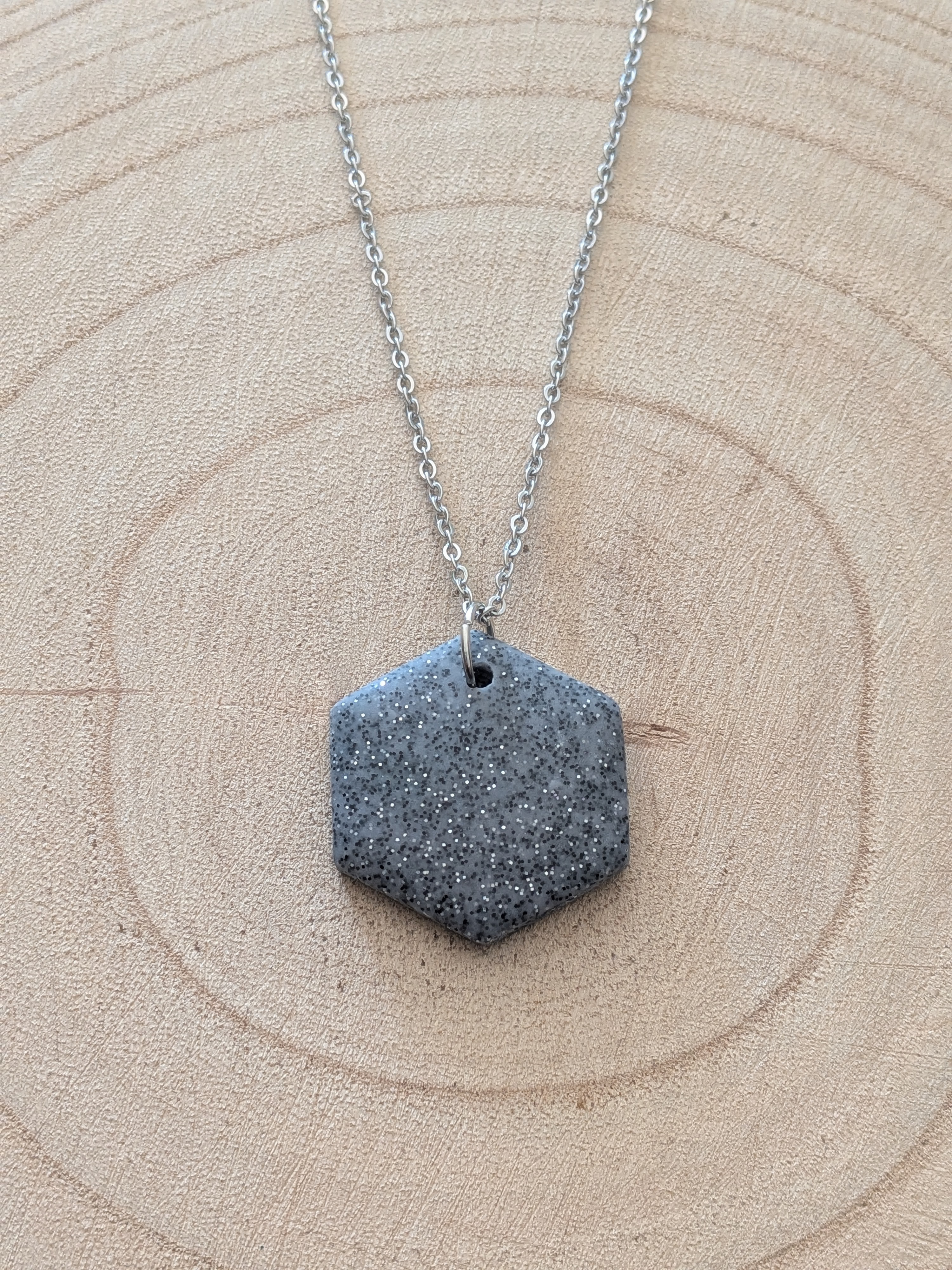 Grey Sparkle Hexagon Polymer Clay Necklace