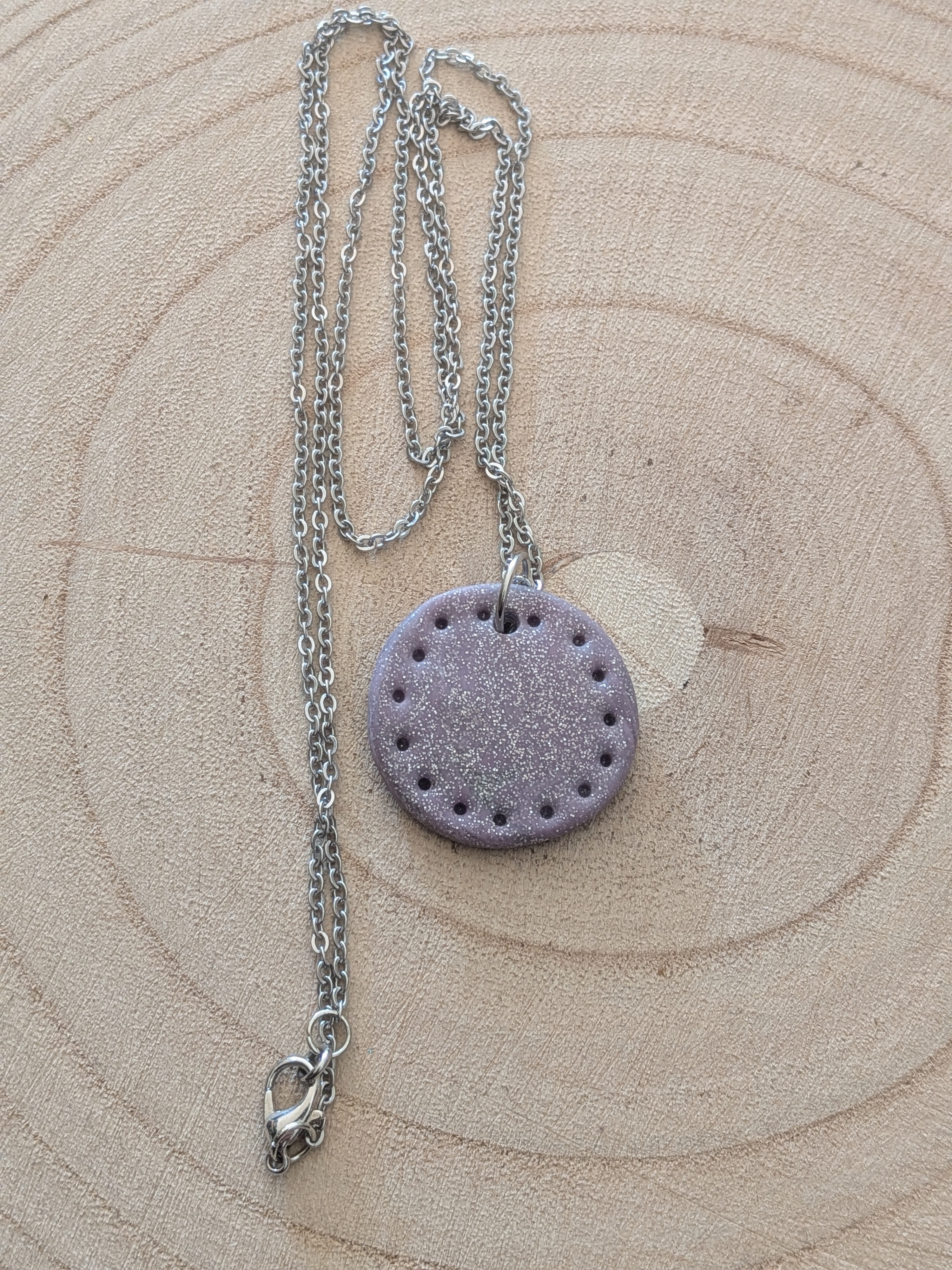 Lilac Sparkle Circle Pitted Polymer Clay Necklace