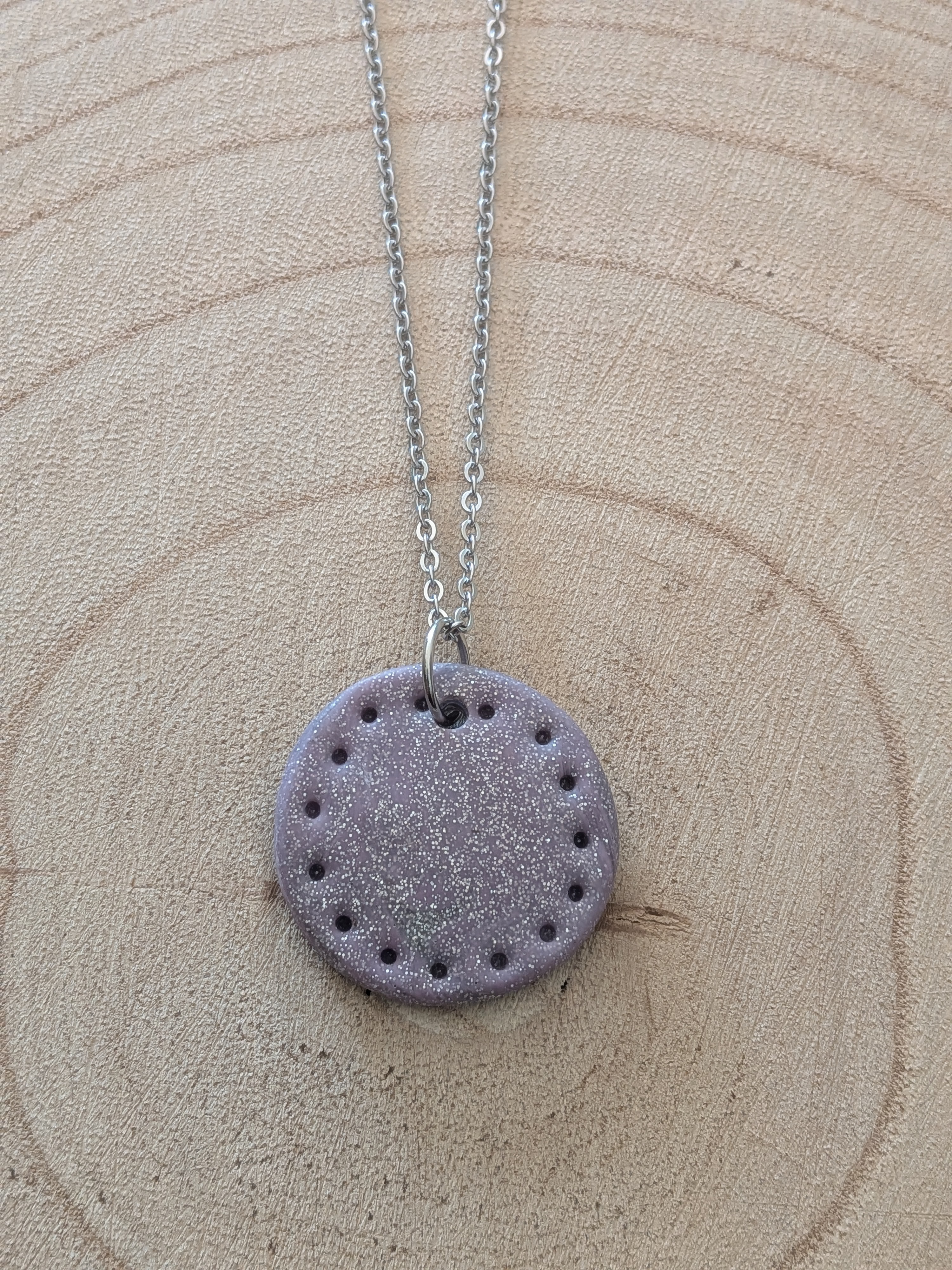 Lilac Sparkle Circle Pitted Polymer Clay Necklace