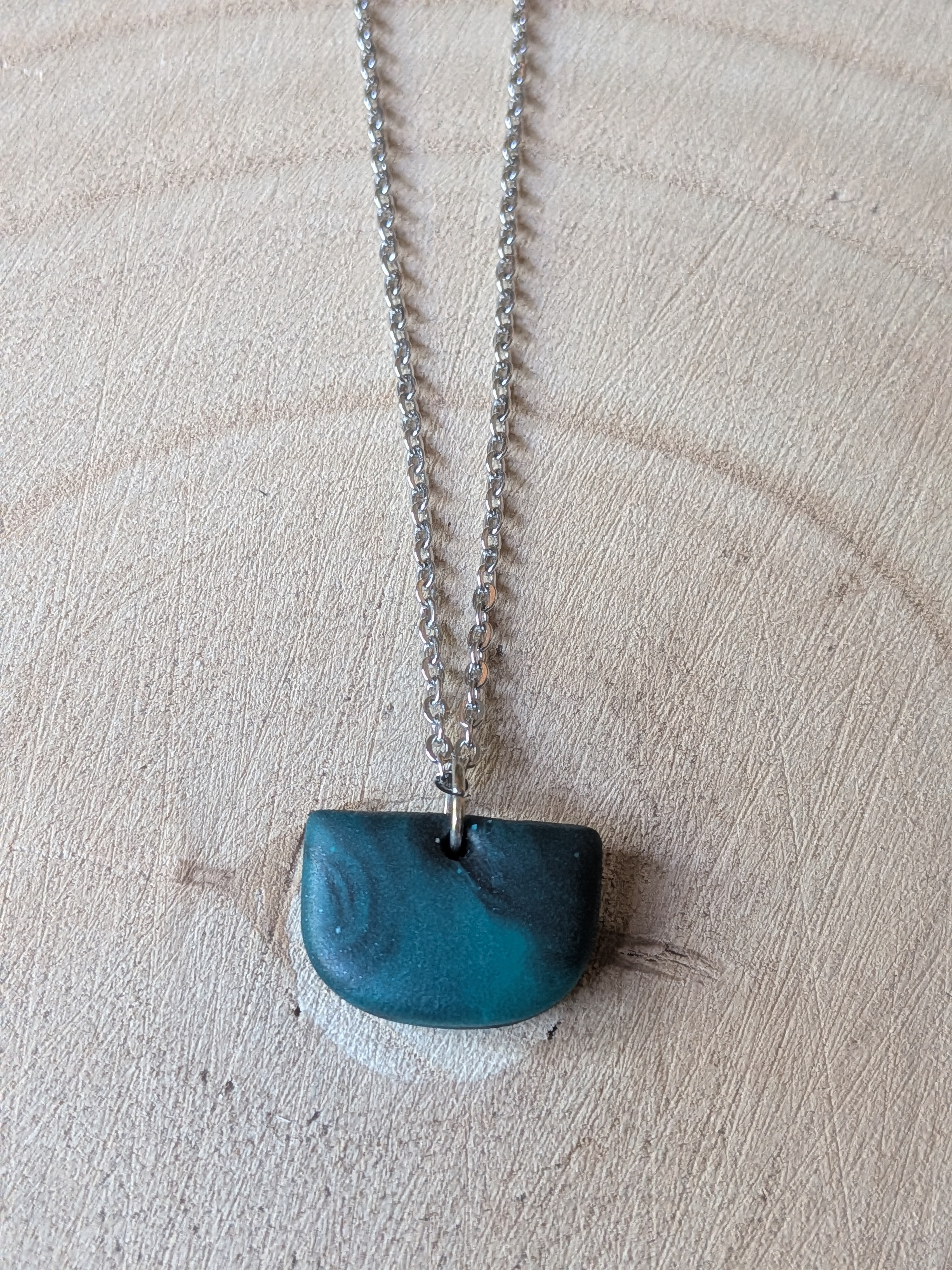 Gorgeous Subtle Dark Green Swirls Polymer Clay & Stainless Steel Necklace