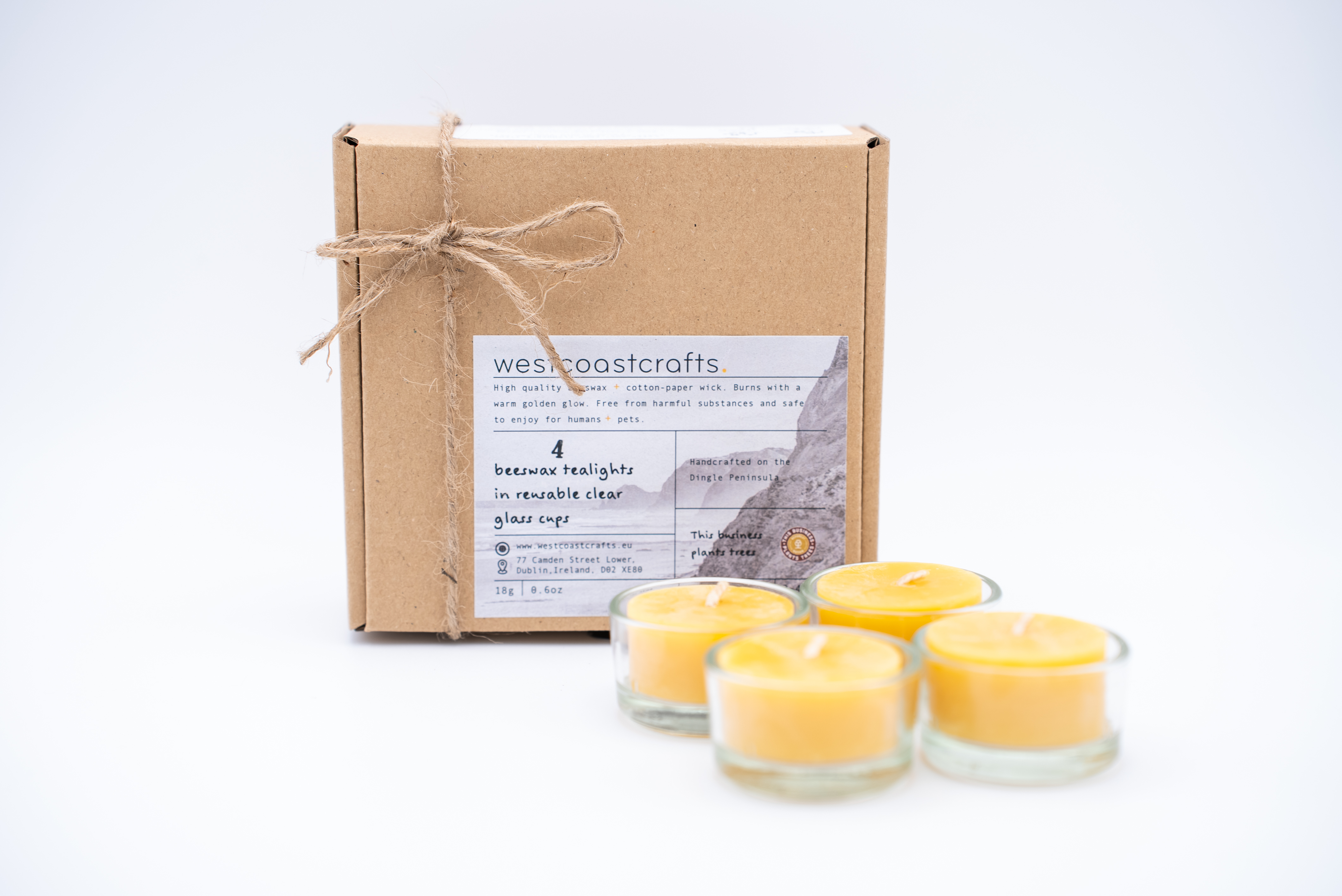 Beeswax Tealight Set — 4 Tealights in Reusable Glass Cups