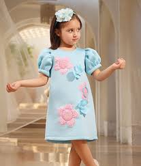 Girls' Light Blue Puff Sleeve Floral Dress