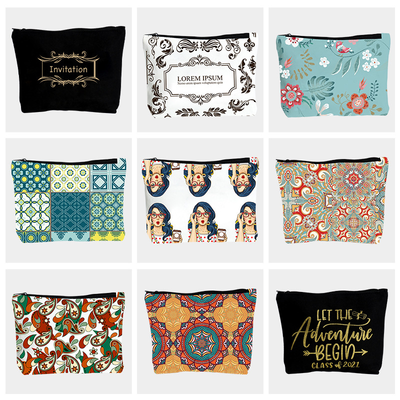 Patterned Zipper Canvas Cosmetic Pouches