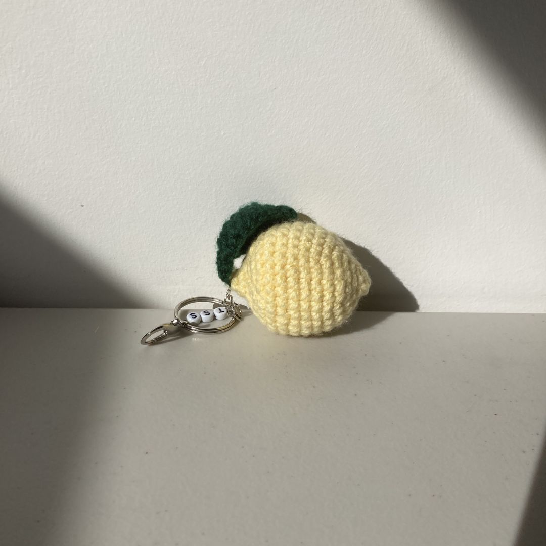 Crocheted Lemon Keychain with Custom Name Charm