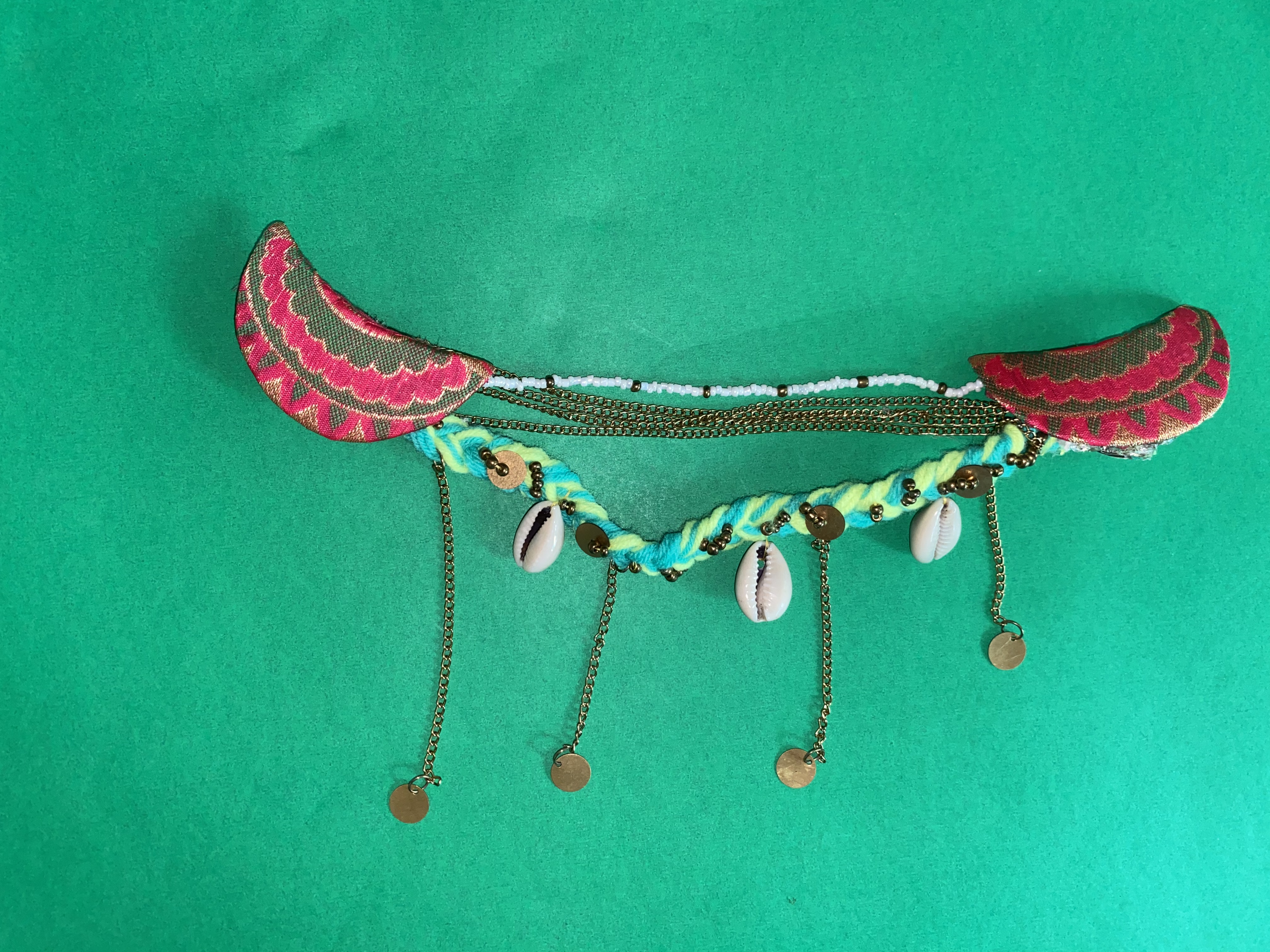 Boho Moon Shell HairClips - Handcrafted Green & Gold Fusion