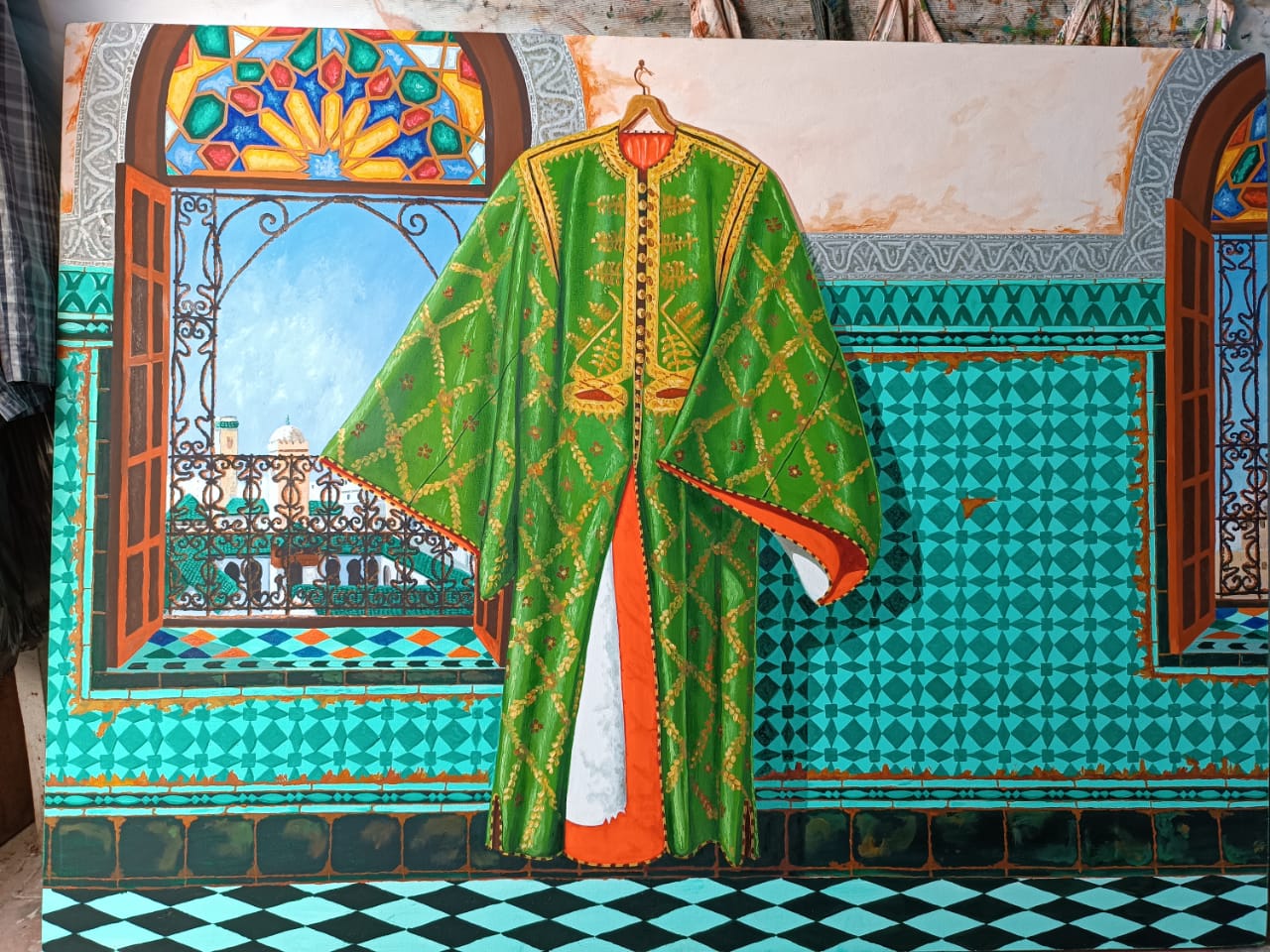 Œuvre d’art représentant un caftan traditionnel marocain vert