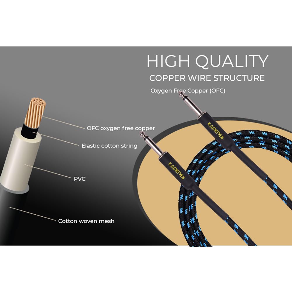 Kadence Guitar Cable 10 ft (3MTR) Electric Instrument Cable Bass AMP Cord 1/4 6.3mm Jack to Jack,Straight to Straight for Electric Guitar,Bass Guitar,Electric Mandolin,Pro Audio,Light Blue