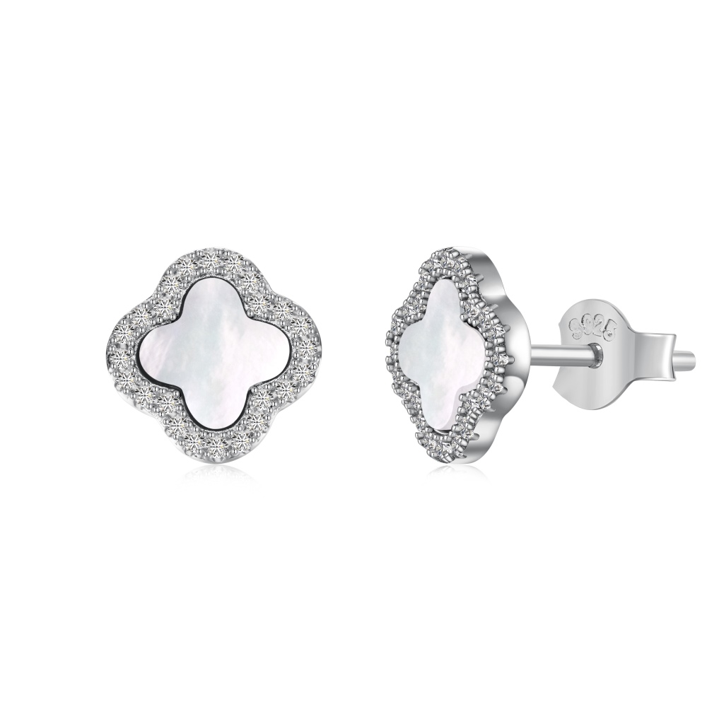 Clover Alpha White Shell Sterling Silver Stud Earrings