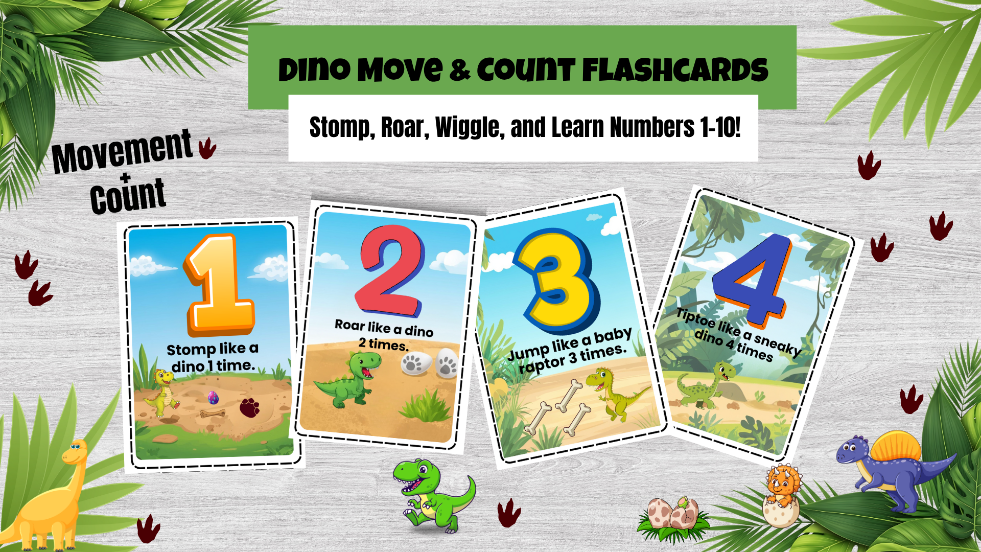 Dino Footprint Math Tracing Mats and Move & Count Flashcards Bundle