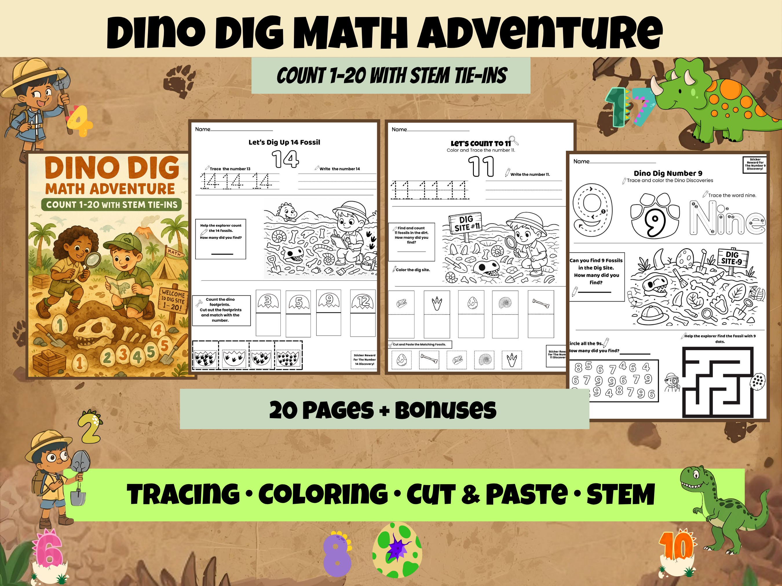 Dino Dig Math Adventure: Numbers 1 to 20-- PreK to Kindergarten 