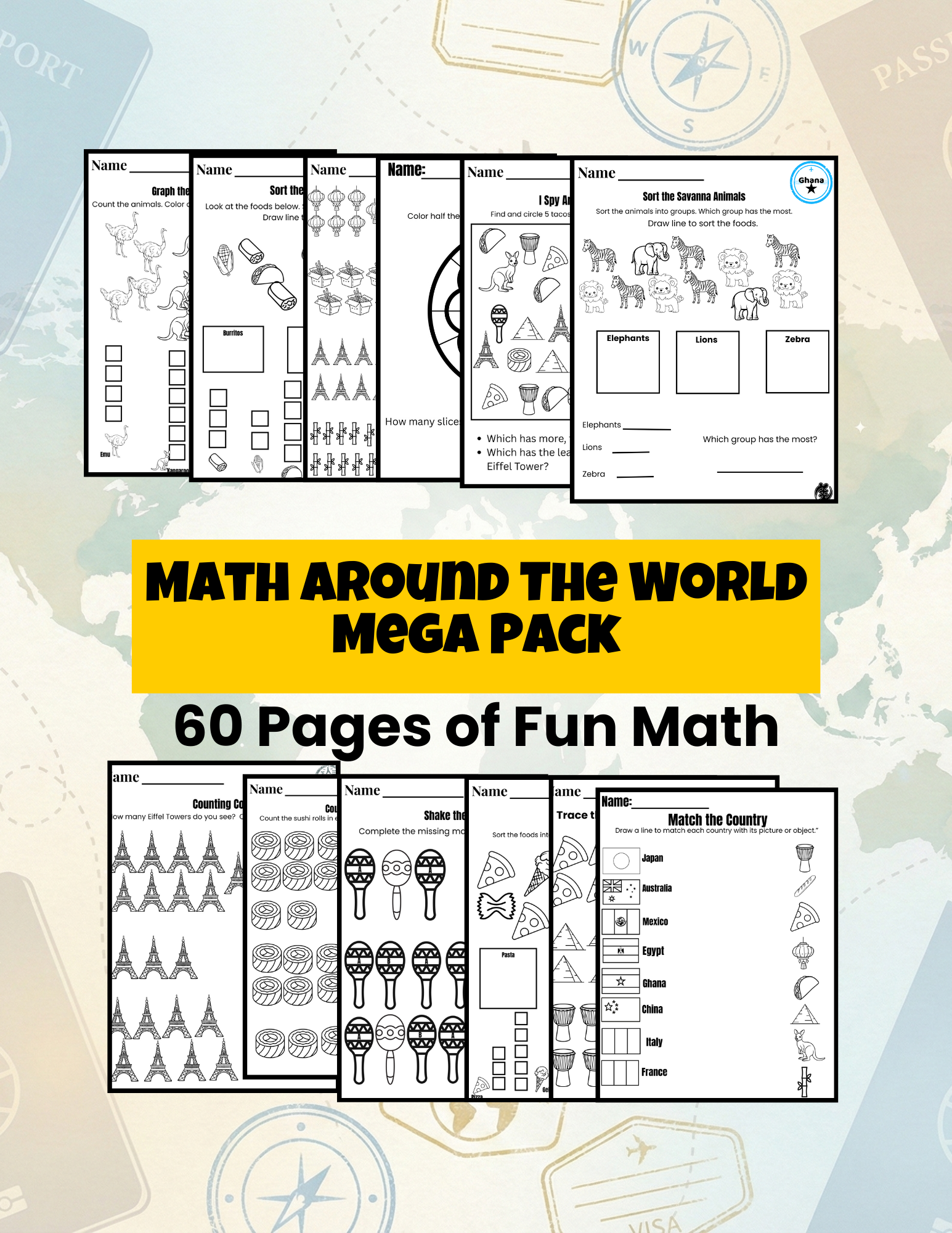 Full Math Around the World Mega Bundle- Instant Download | 60 Pages | Preschool–Kindergarten