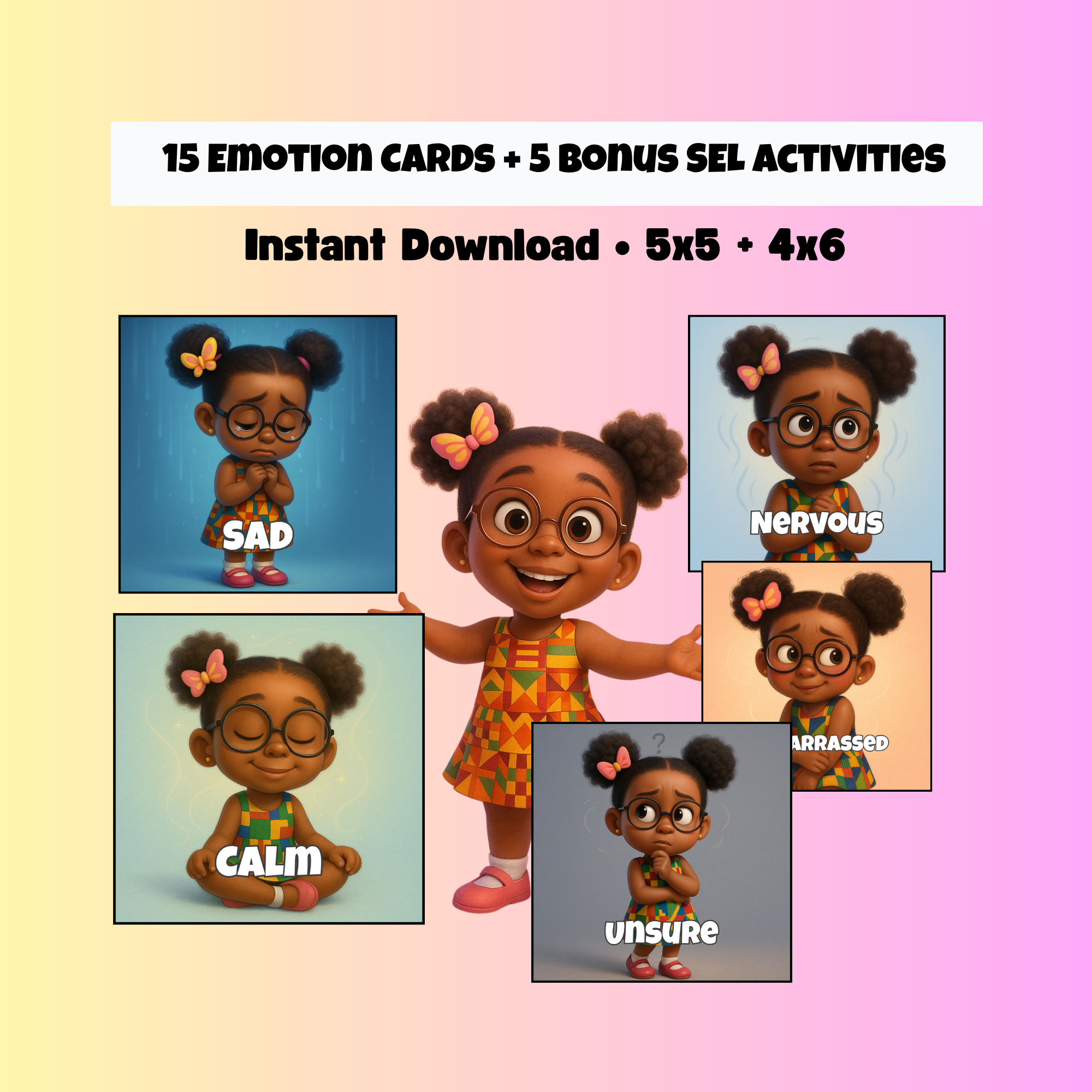 Joy SEL Emotion Cards – 14 Printable Feelings Flashcards for Kids (5x5 & 4x6)