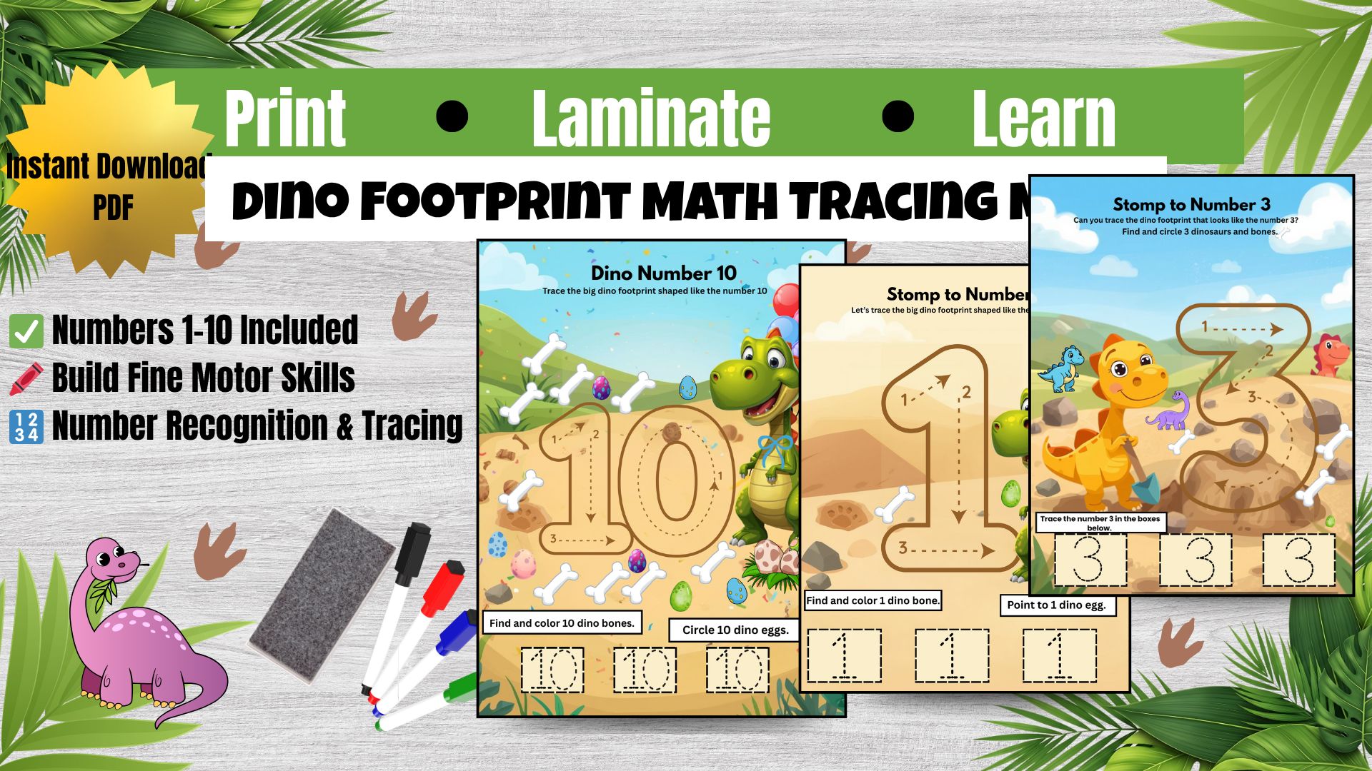 Dino Footprint Math Tracing Mats and Move & Count Flashcards Bundle