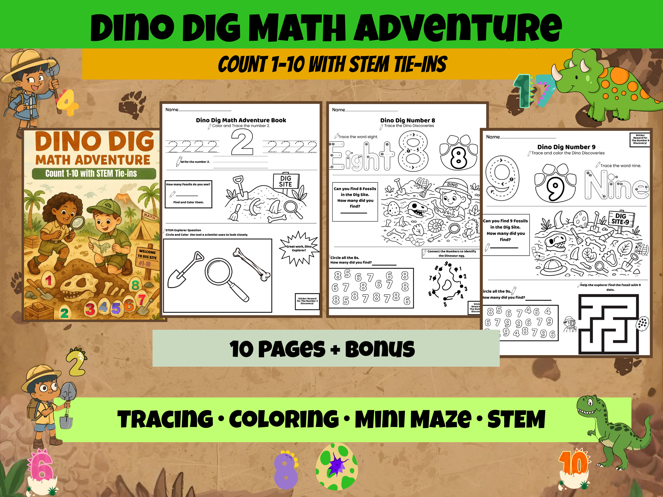 Dino Dig Math Adventure Mini Book Number 1 to 10